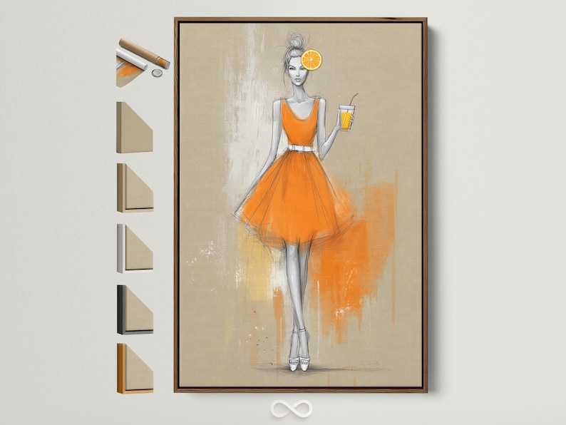 Fashion sketch of a woman in an orange dress holding a drink with an orange citrus slice above her head