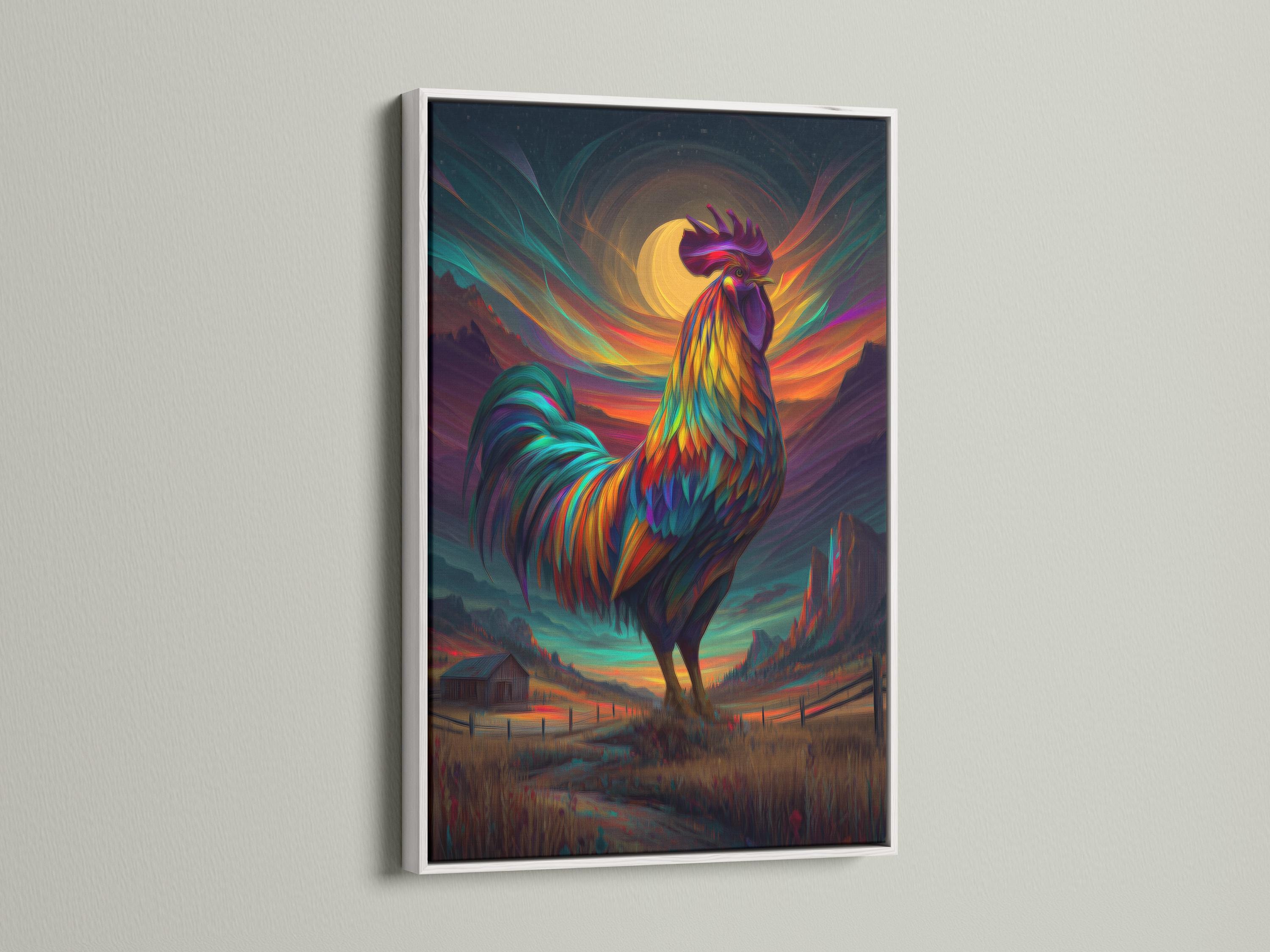 Stylised rainbow-feather rooster standing in front of a glowing sunset landscape detail view