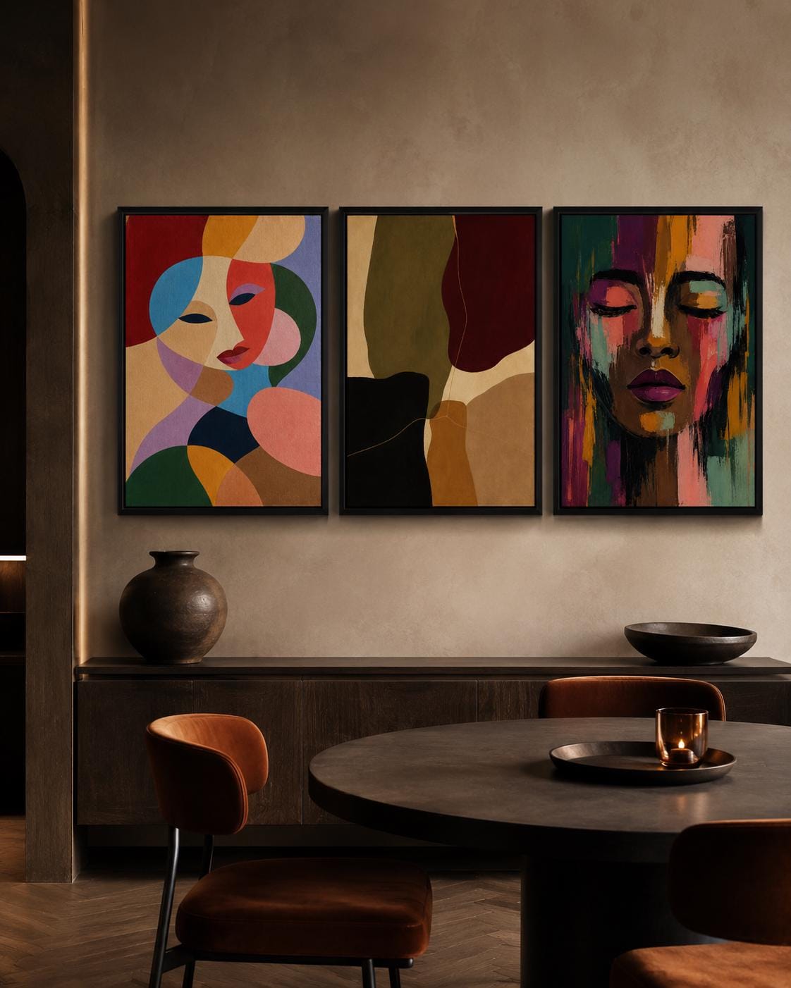 Room mockup with three abstract portrait artworks in multicolour tones above a bed and desk