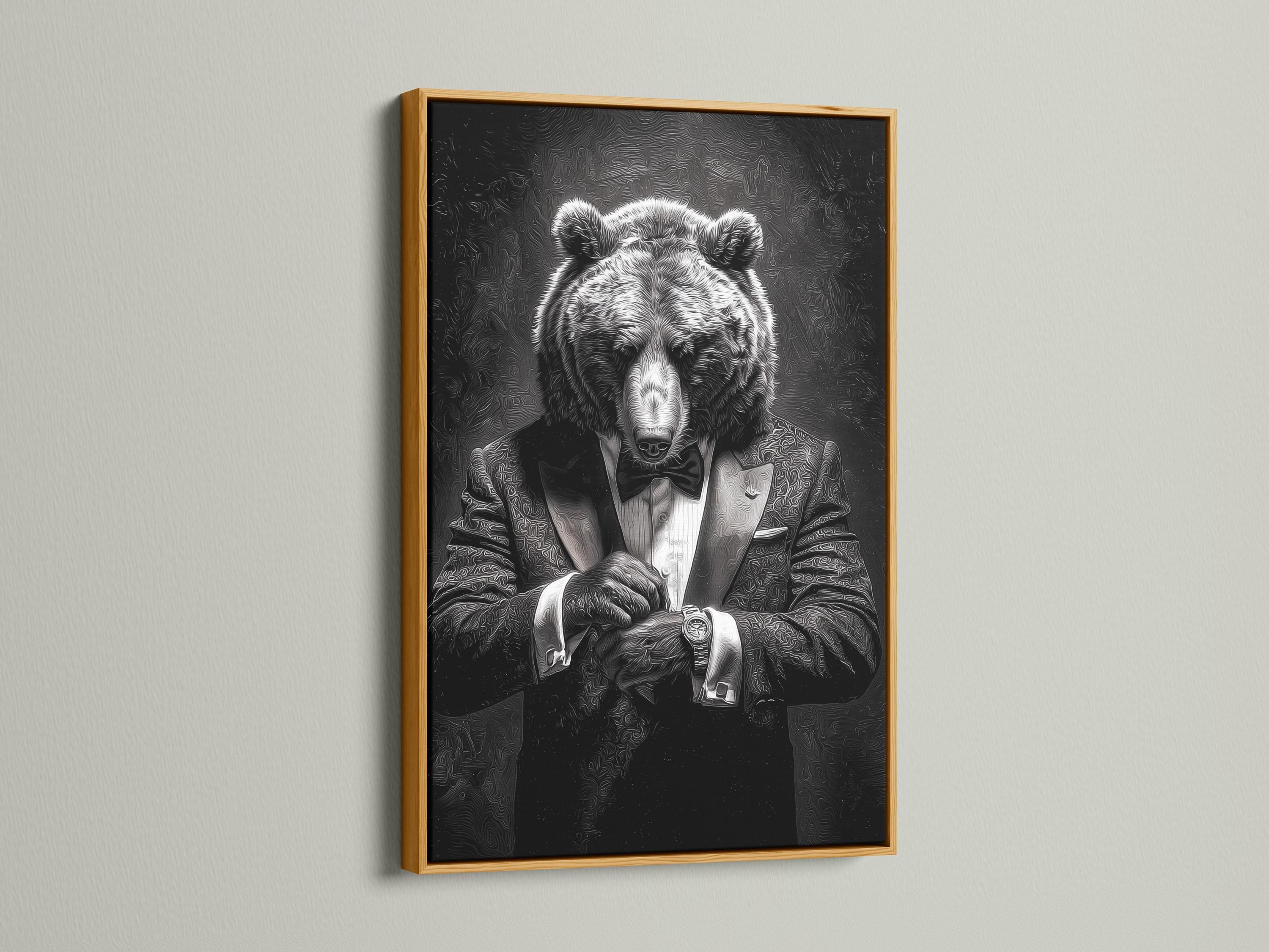 Bear portrait artwork shown in framed mockups with black, white and gold variations