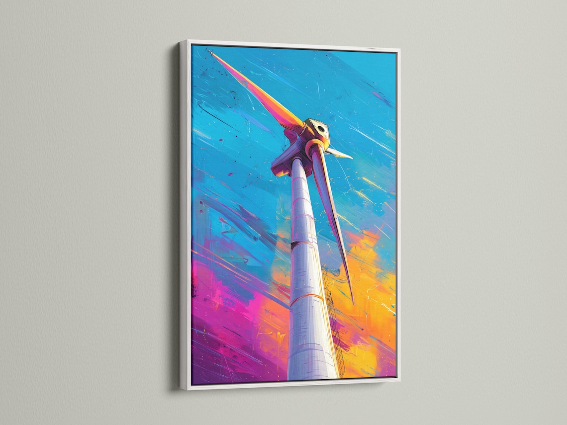 Wind turbine on a sky-blue background with diagonal motion streaks and orange magenta accents detail view