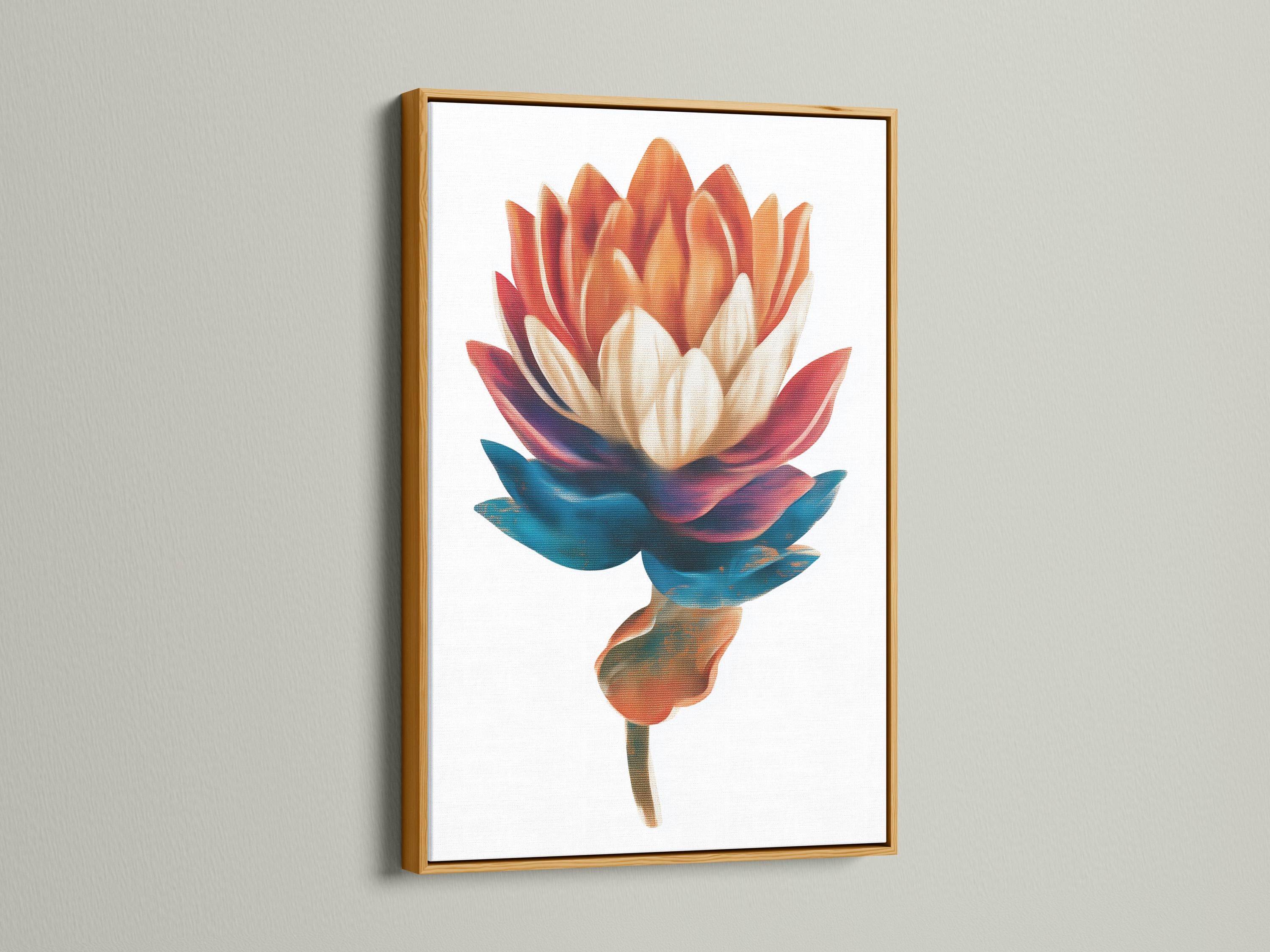 Stylised flower artwork with teal and coral petals and a cream centre on a pale background detail view