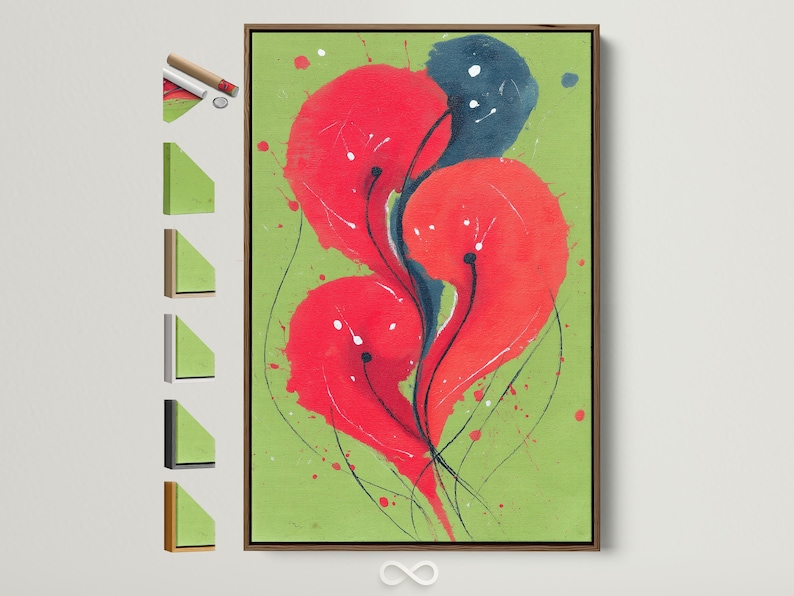 Abstract floral artwork with red blooms and deep blue petals on a lime green background