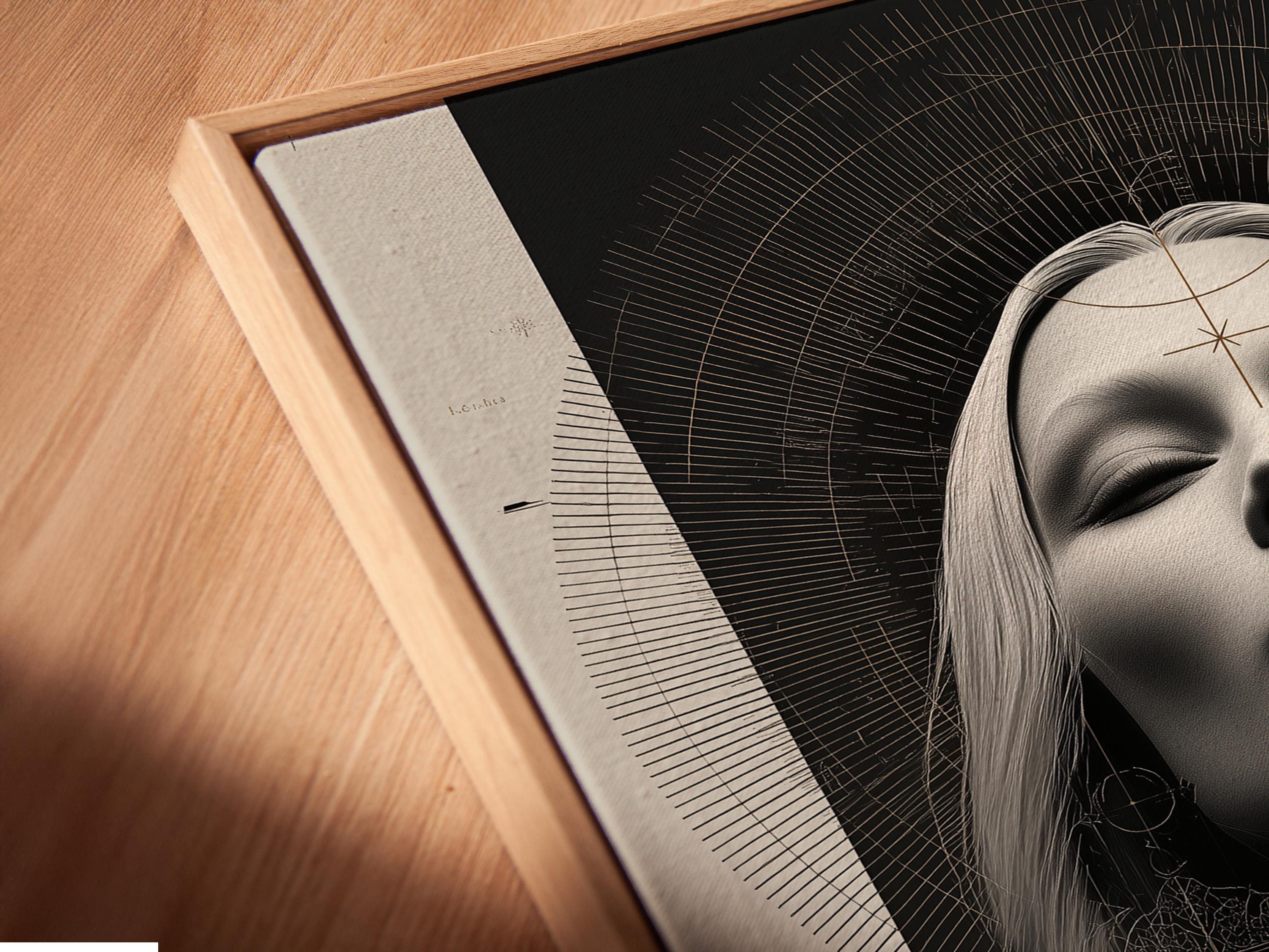 Geometric woman portrait artwork with grayscale face, arcs and black and beige tones plus small gold symbols detail view