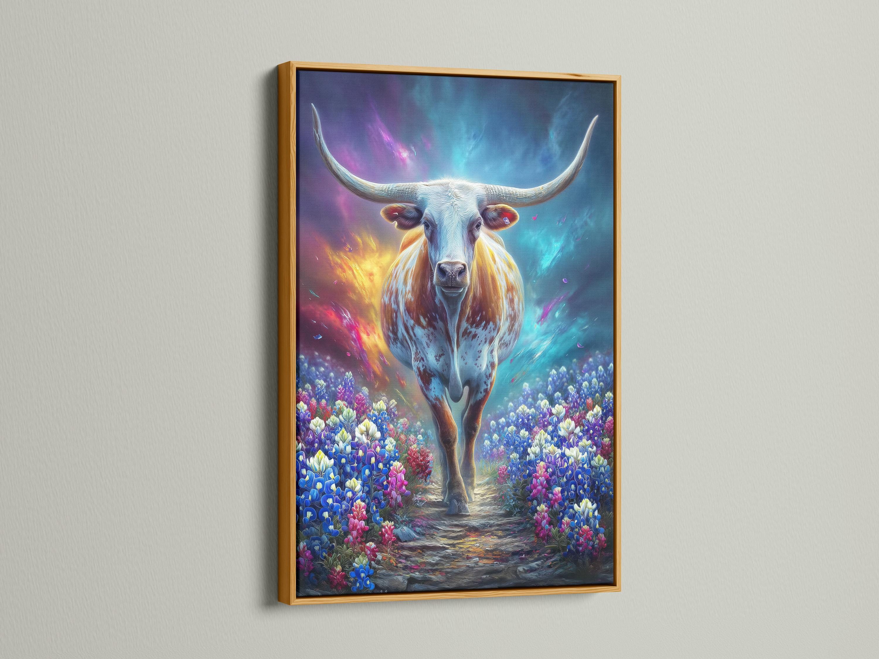 Longhorn bull standing in a colourful wildflower field under a glowing blue-purple sky detail view