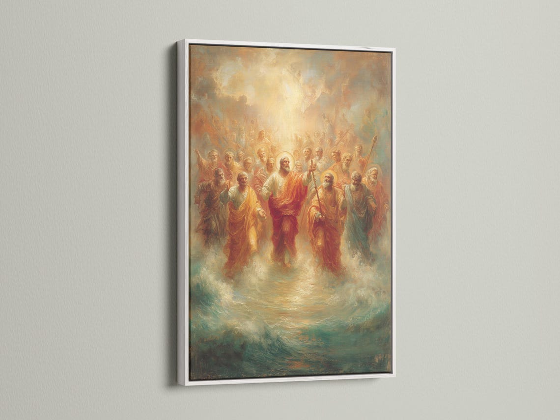 Portrait religious painting showing a radiant golden light above a crowd of robed apostles detail view
