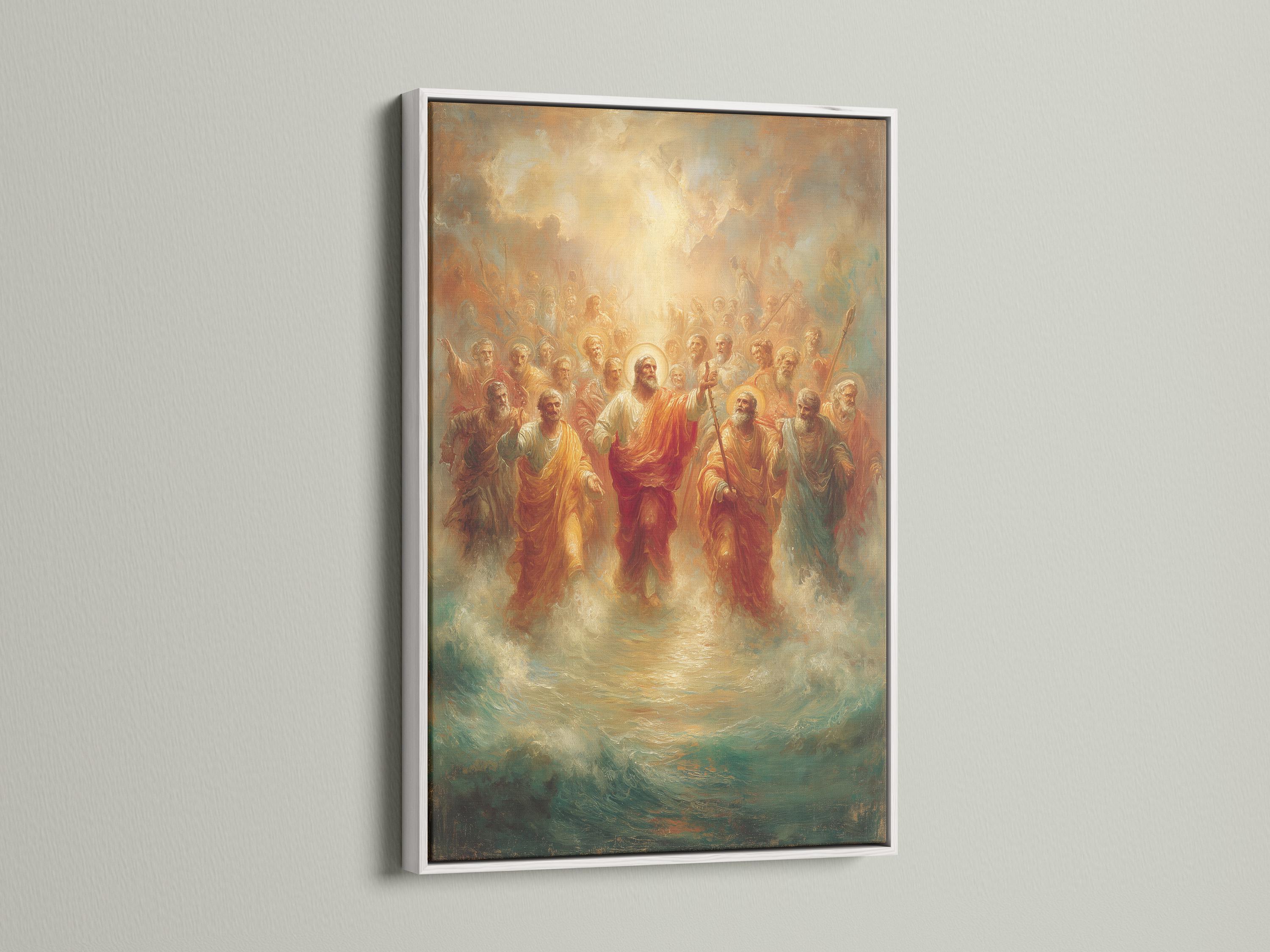 Portrait religious painting showing a radiant golden light above a crowd of robed apostles detail view