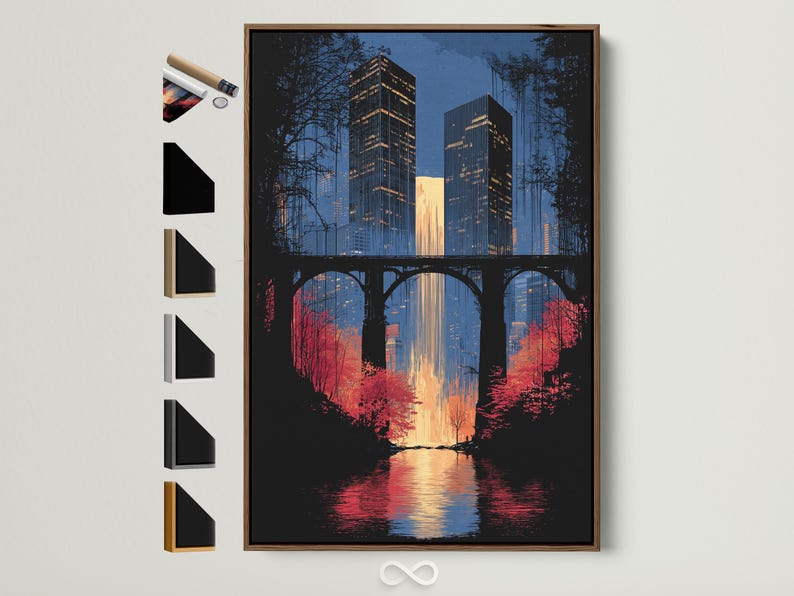 Night city skyline with illuminated buildings, arched bridge silhouette and river reflections