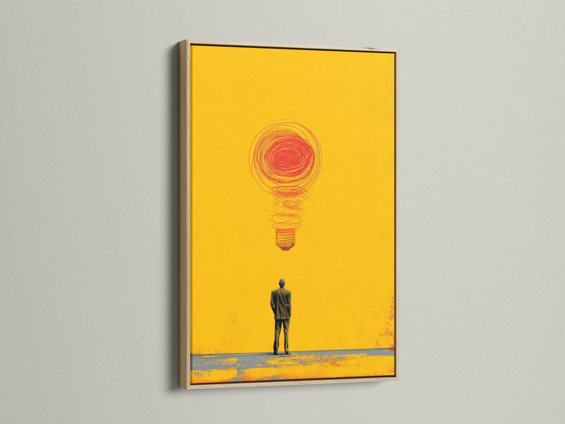 Red swirling lightbulb idea above a dark figure on a bright yellow background detail view