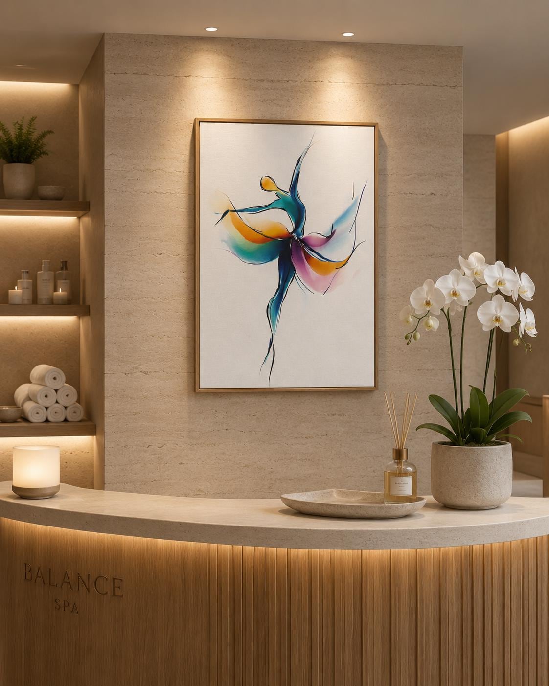 Woman stretching in a dance studio with a framed abstract dancer artwork on the wall