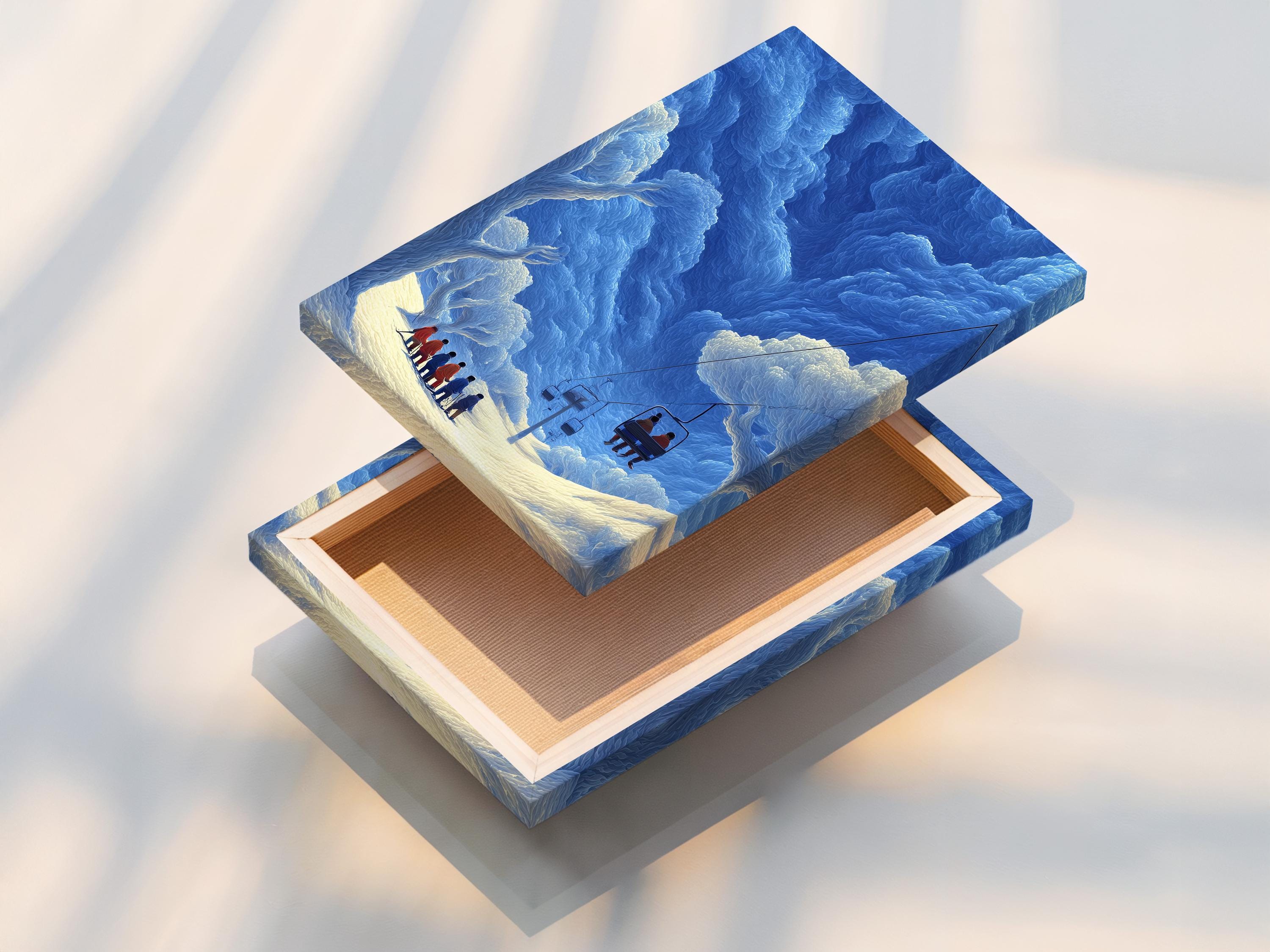 Blue winter ski resort scene with chairlift cabin and skiers in snowy mountains detail view