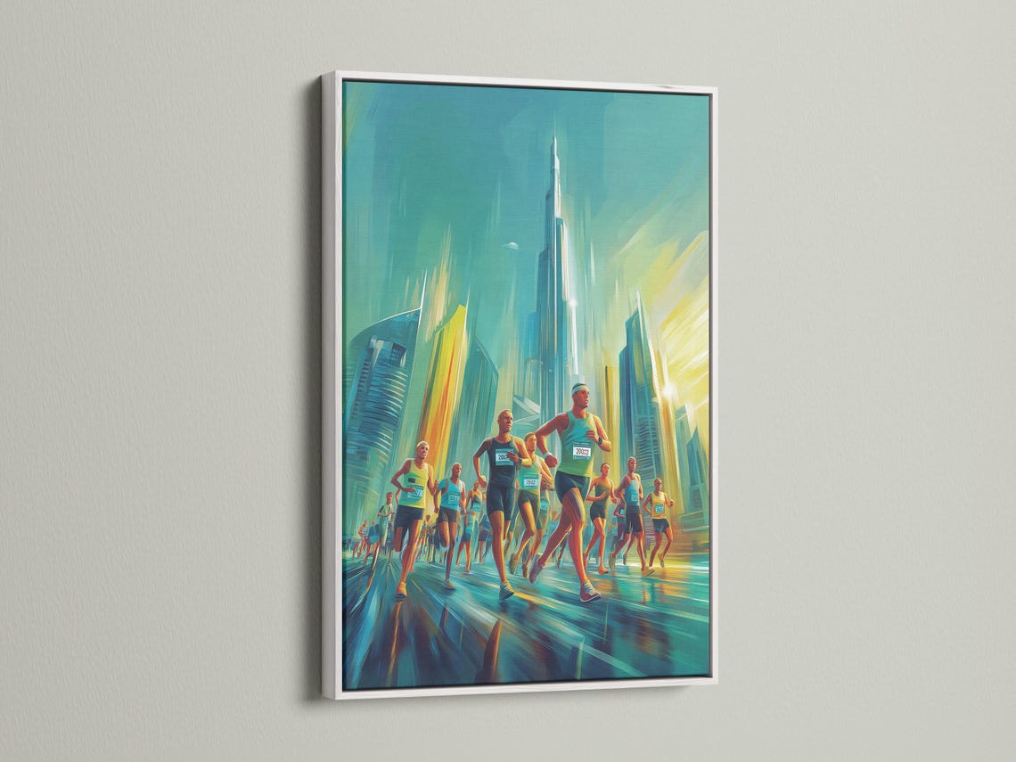 Teal urban marathon scene with runners in motion and a hazy city skyline detail view