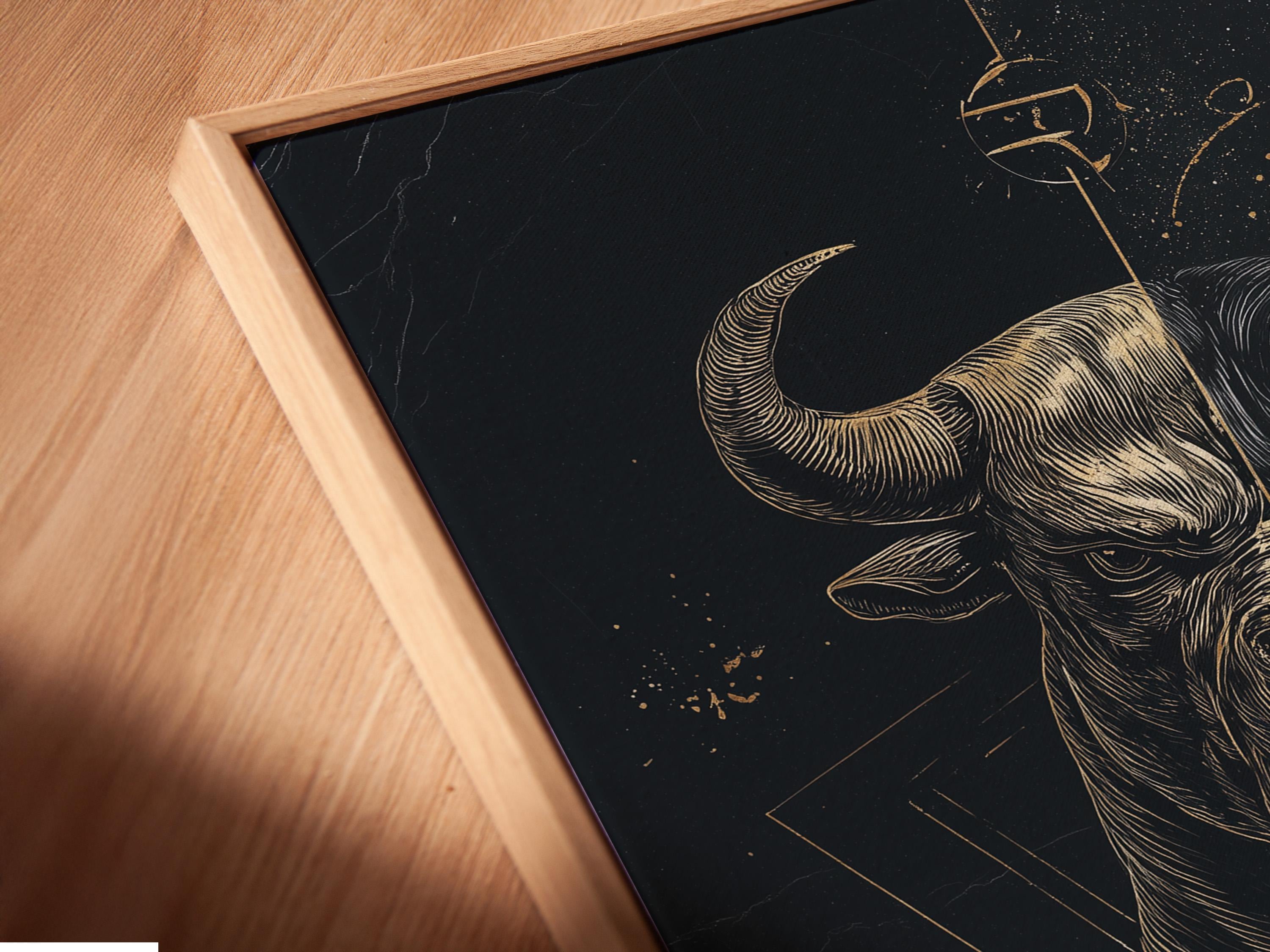 Split monochrome bull and dog portrait with gold scales of justice on a dark background detail view