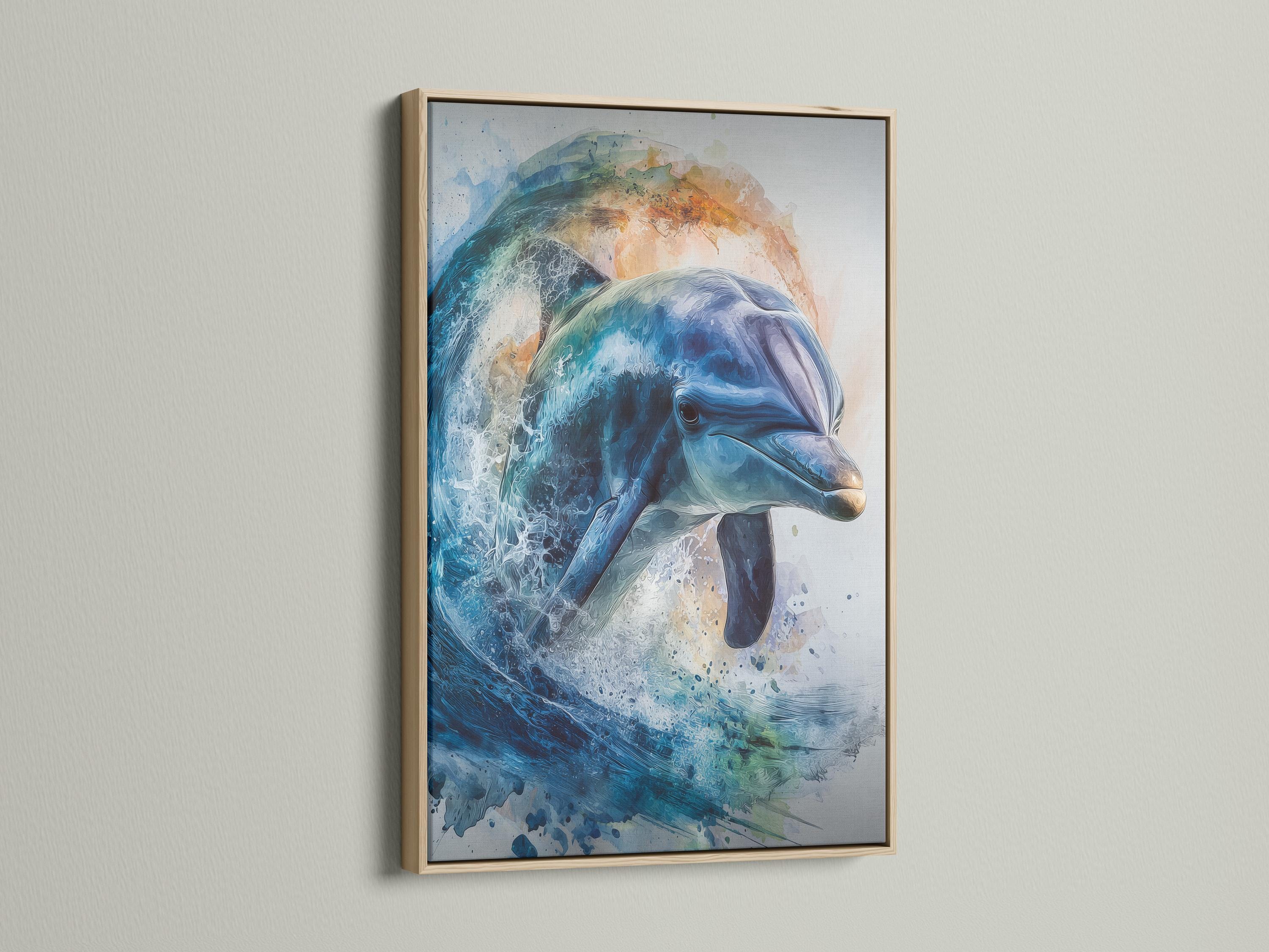 Mockup of blue dolphin ocean artwork shown in a framed layout