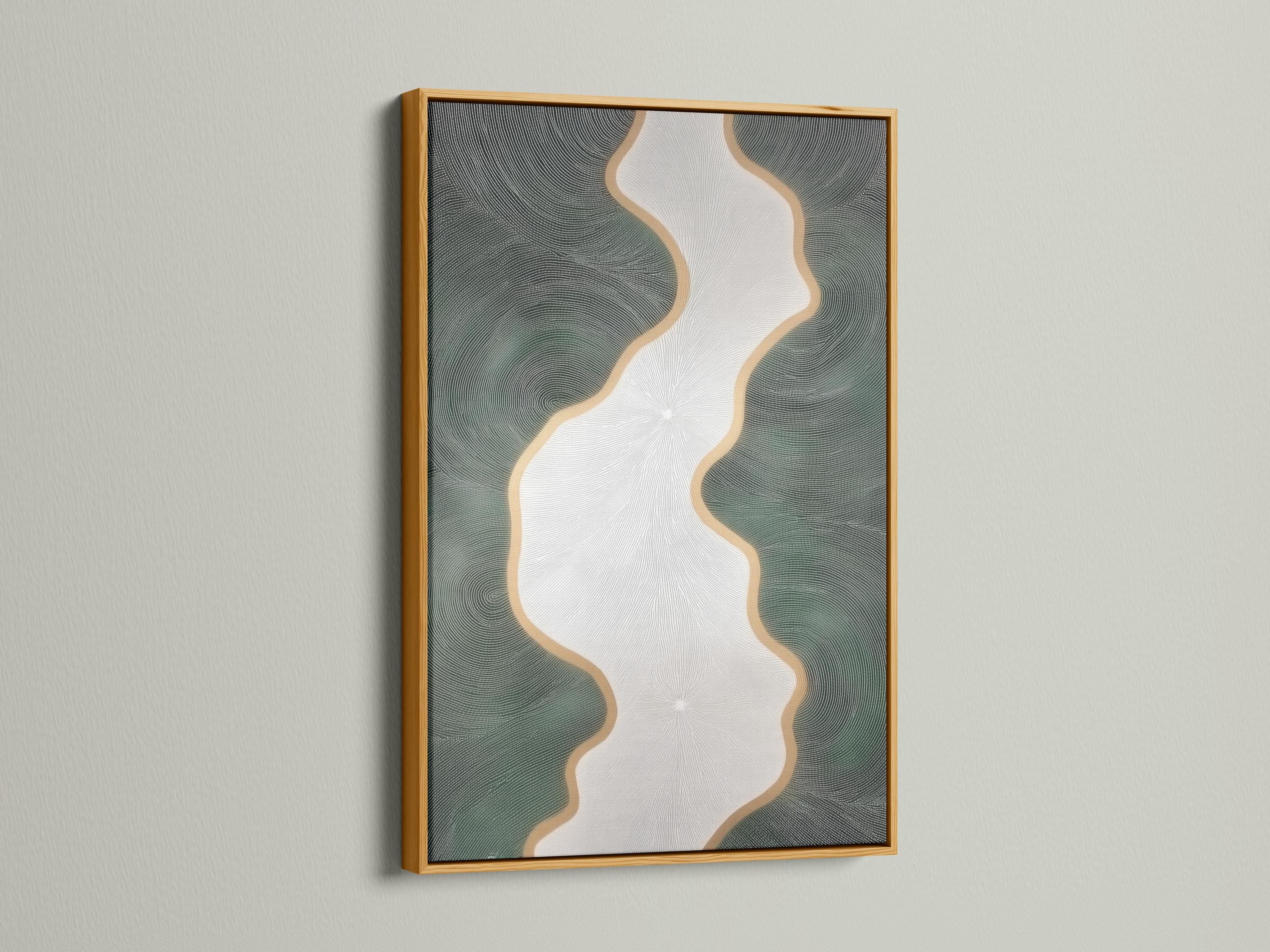 Minimalist abstract river flow artwork with ivory channel and sage-green ripple texture detail view