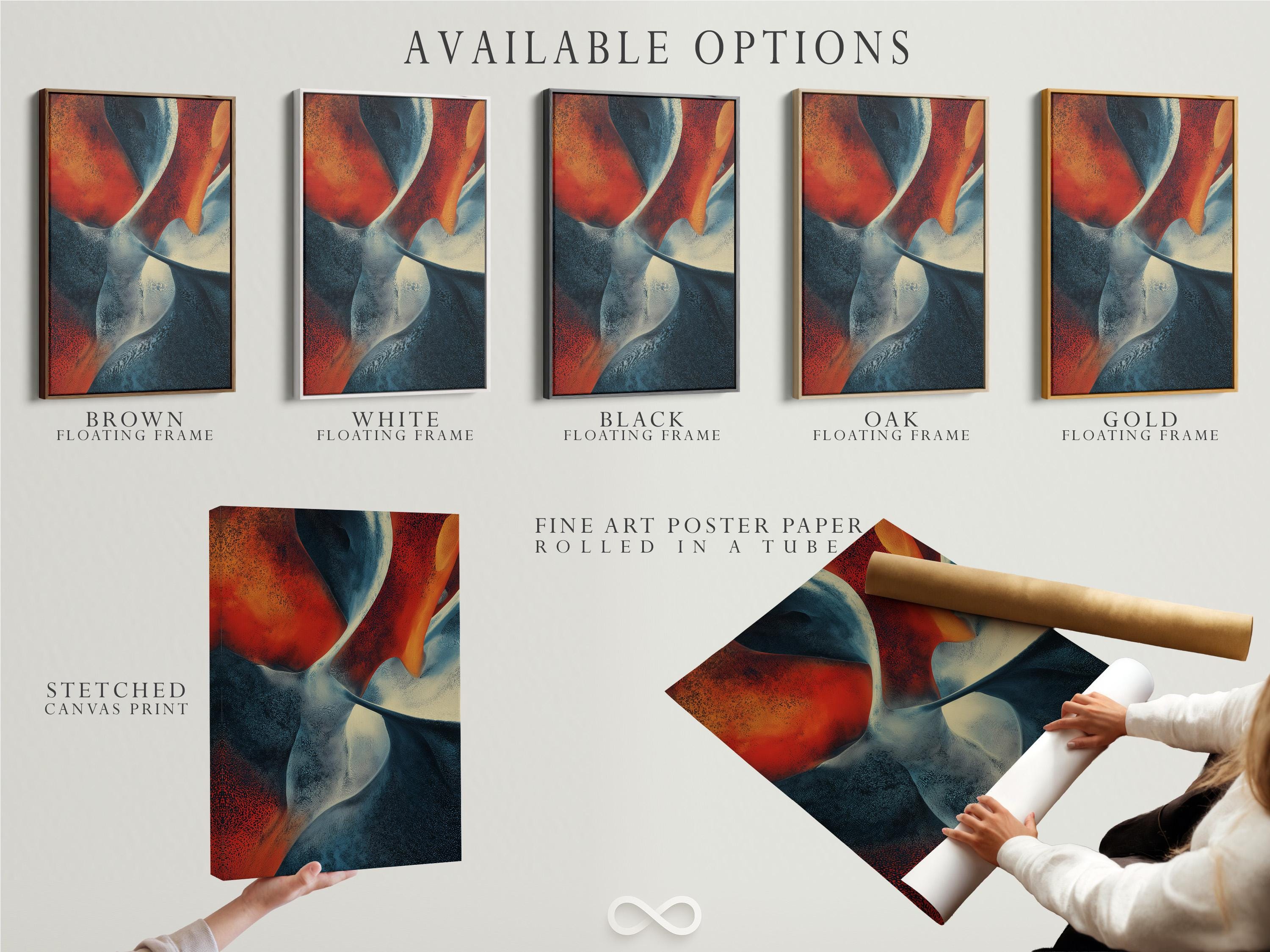 Abstract fluid artwork with terracotta and navy blue curved ribbons and pale cream highlights detail view