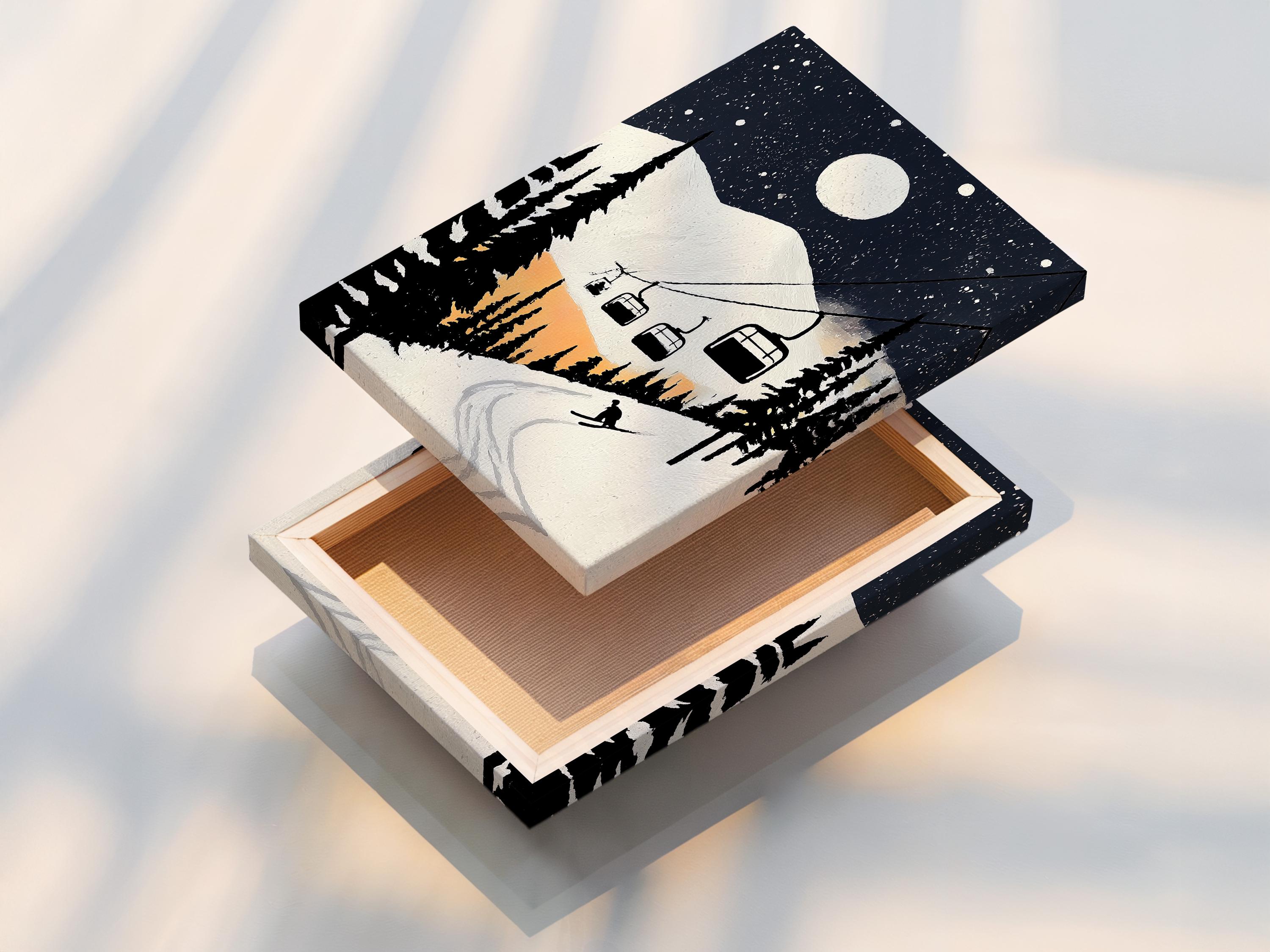 Moonlit snowy ski-lodge artwork mockup with dark pines, falling snow, chairlift cabins and a winding ski track