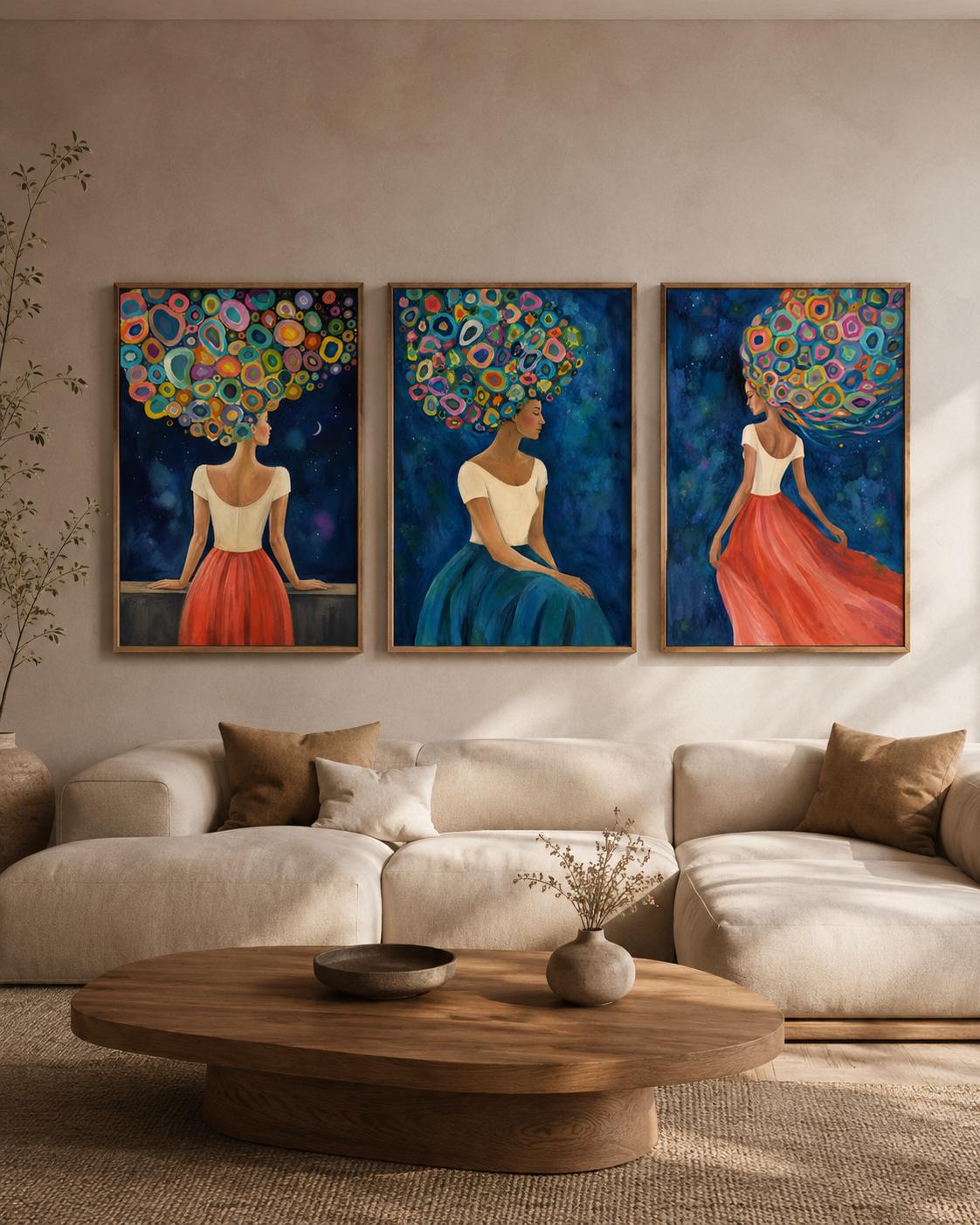 Three framed abstract female portrait artworks displayed on a wall