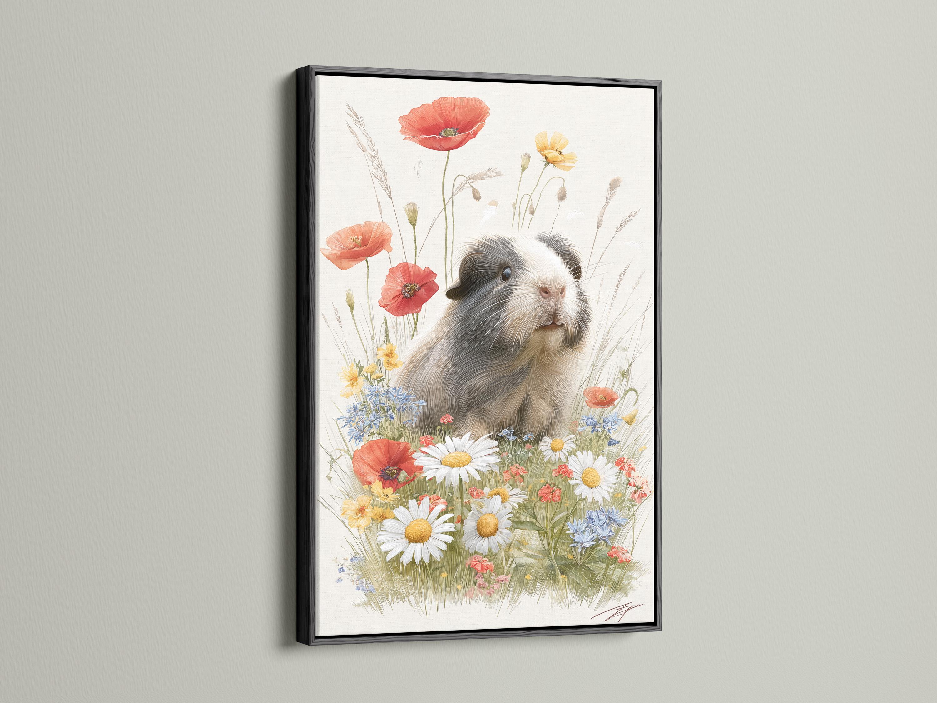 Guinea pig resting in a wildflower meadow with daisies, poppies and blue flowers detail view