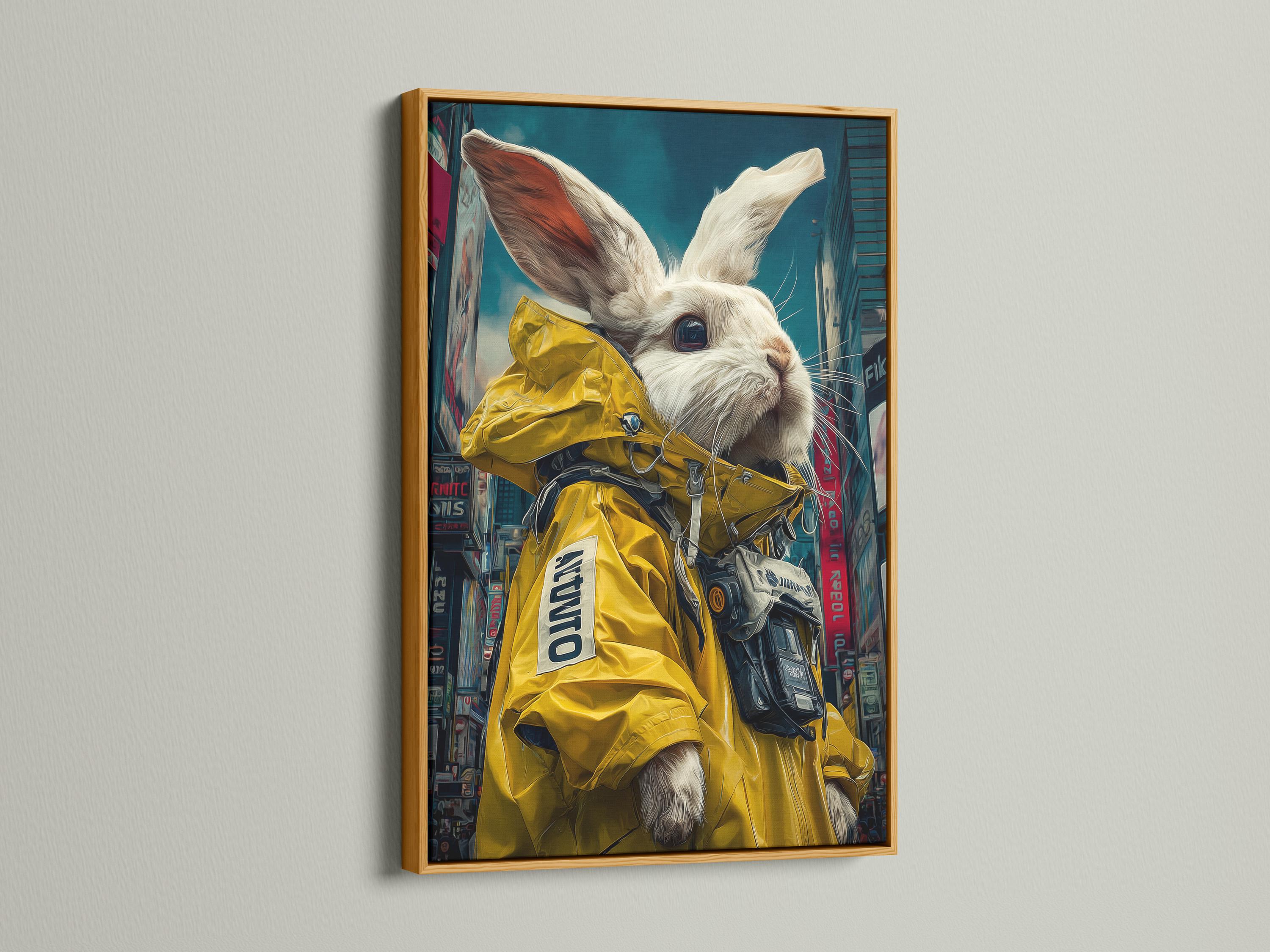 White rabbit wearing a yellow raincoat in a neon cyberpunk city scene detail view