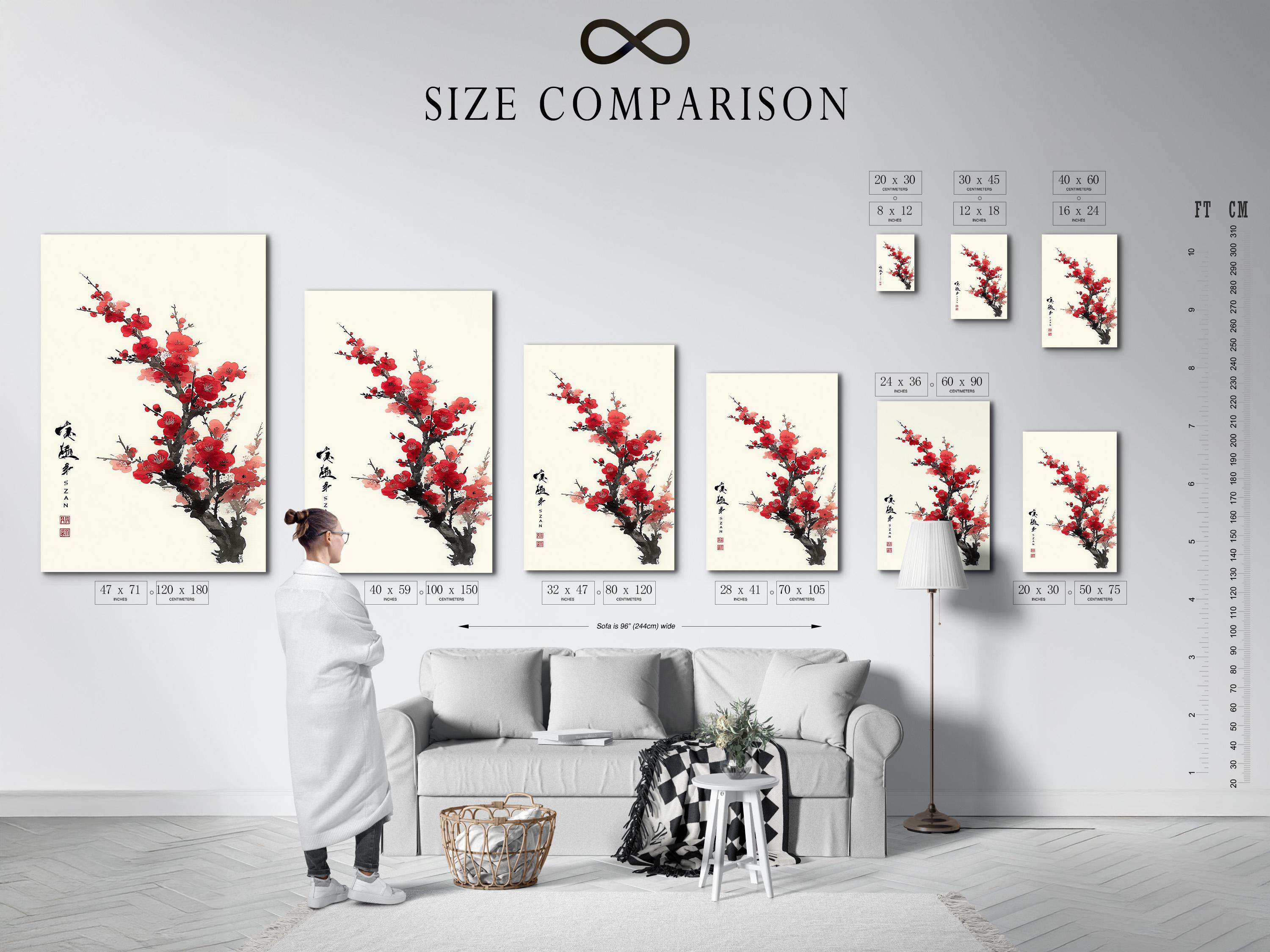 Red and pink plum blossoms on a black ink tree branch with vertical calligraphy and a red seal detail view