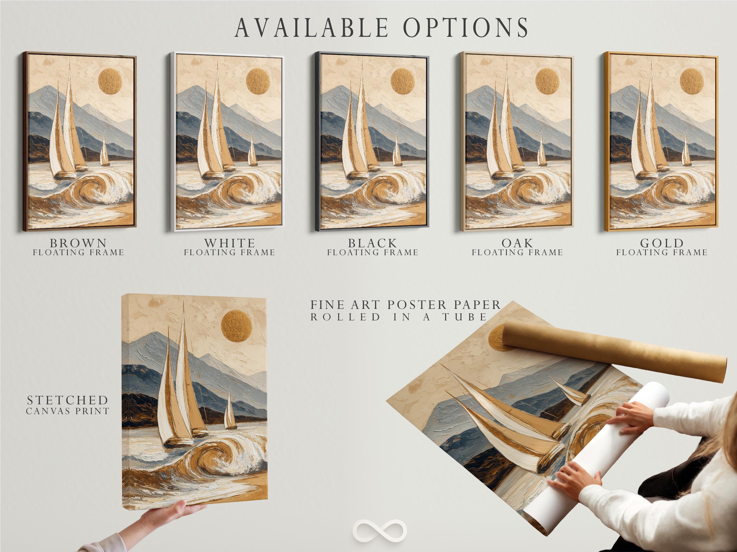 Painterly sailboat seascape with swirling waves, mountains and a gold sun detail view