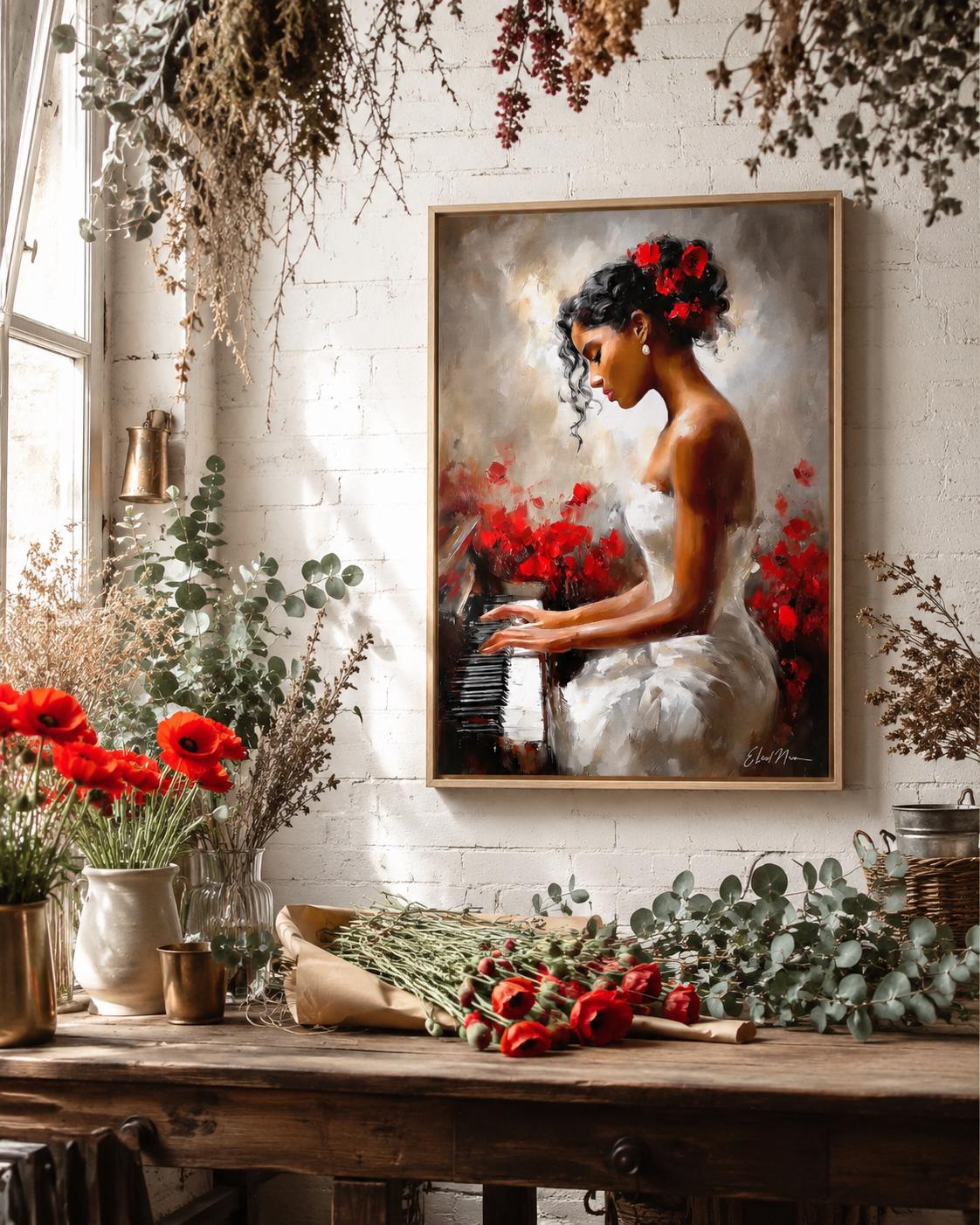 A framed artwork of a woman playing a piano with red flowers displayed in a room