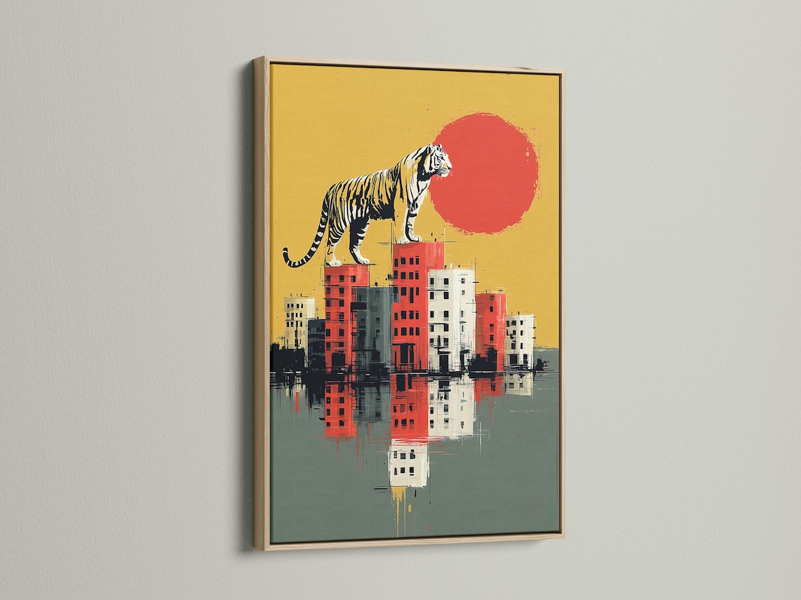 Stylised tiger standing above a blocky cityscape with mirrored reflections in ochre and red detail view