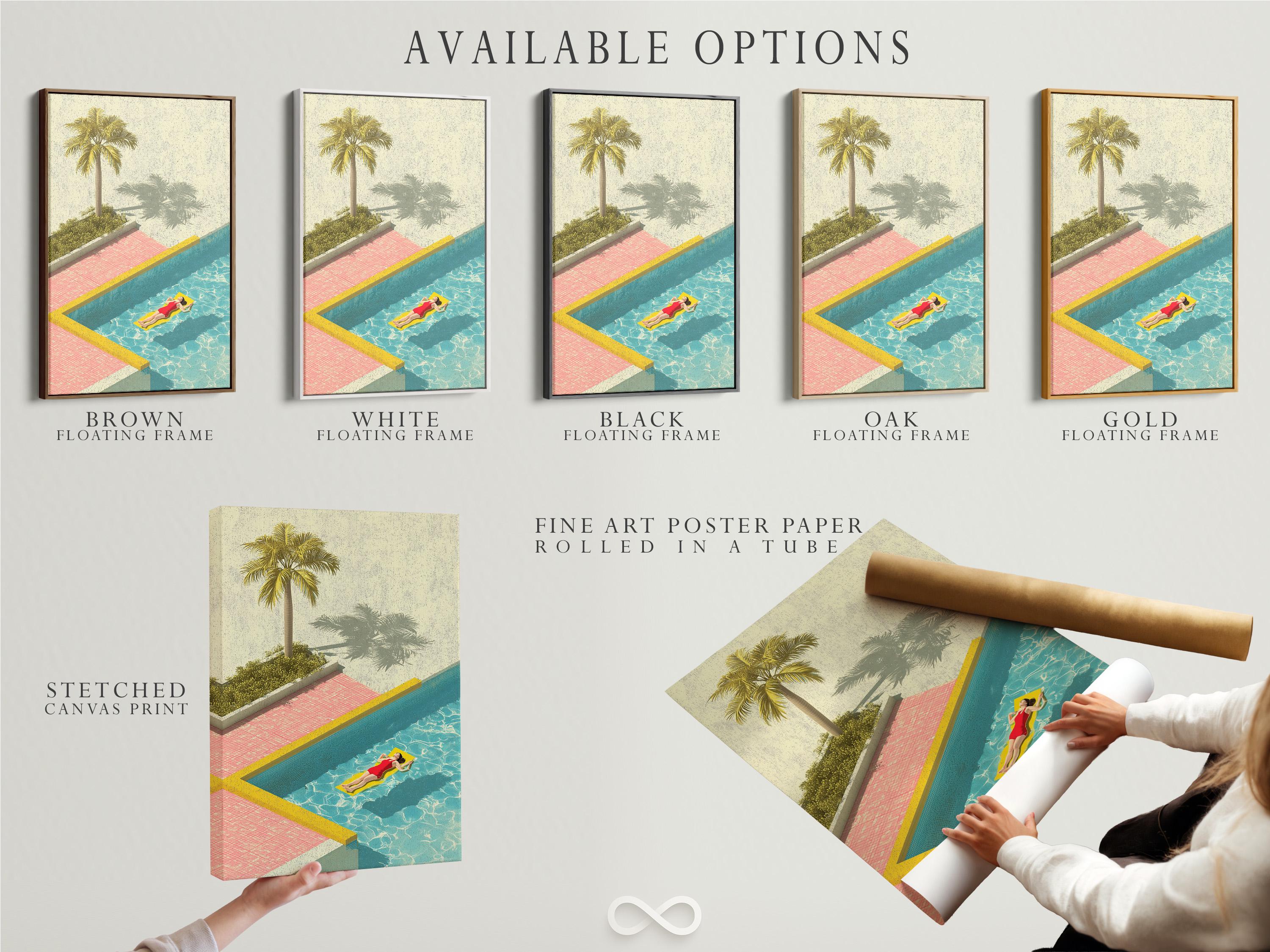 Retro poolside illustration with a tall palm tree, turquoise water, pink tiles, and a person relaxing on a float detail view