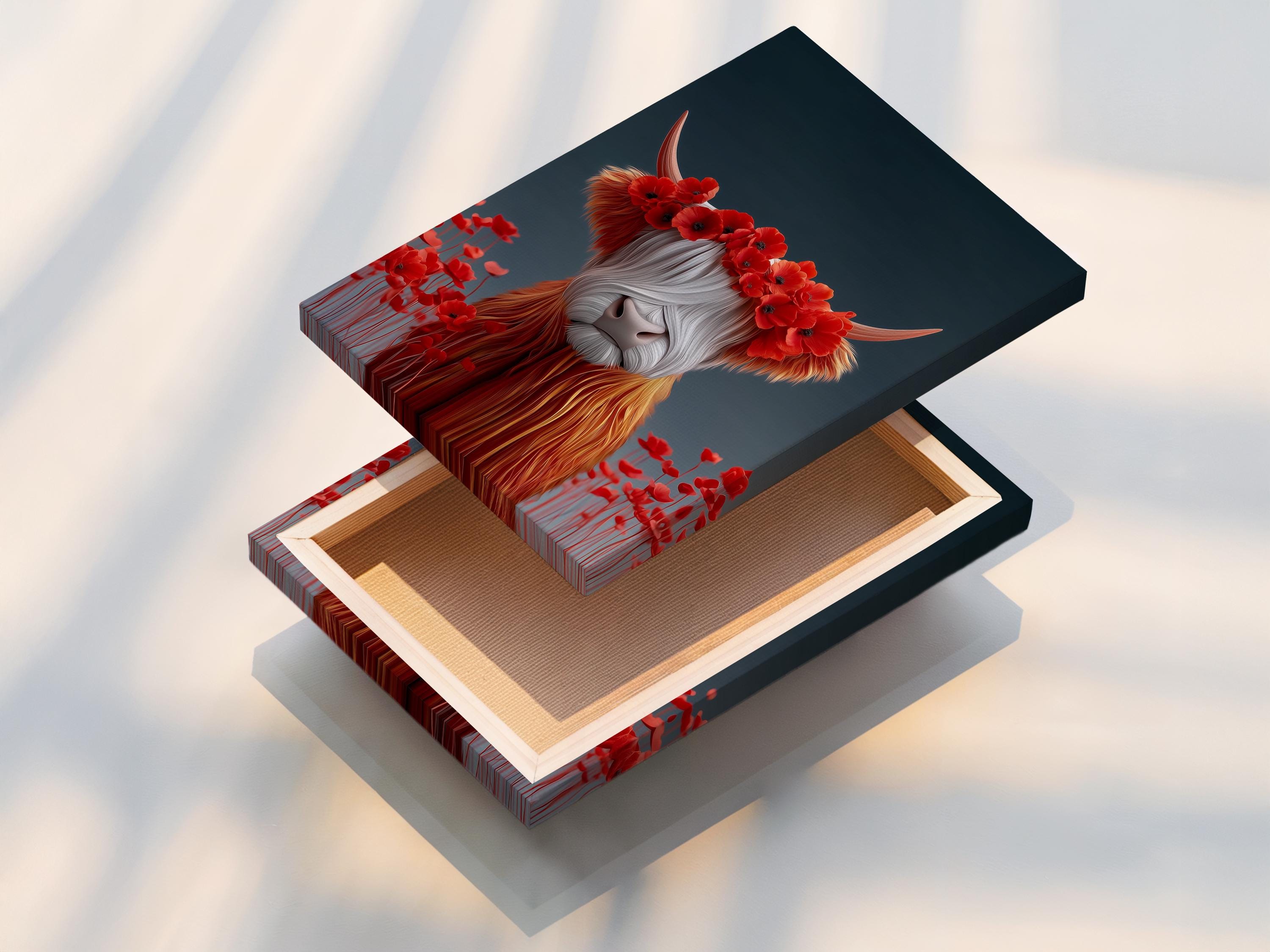 Room mockup featuring a framed stylised Highland cow with red poppy flower crown
