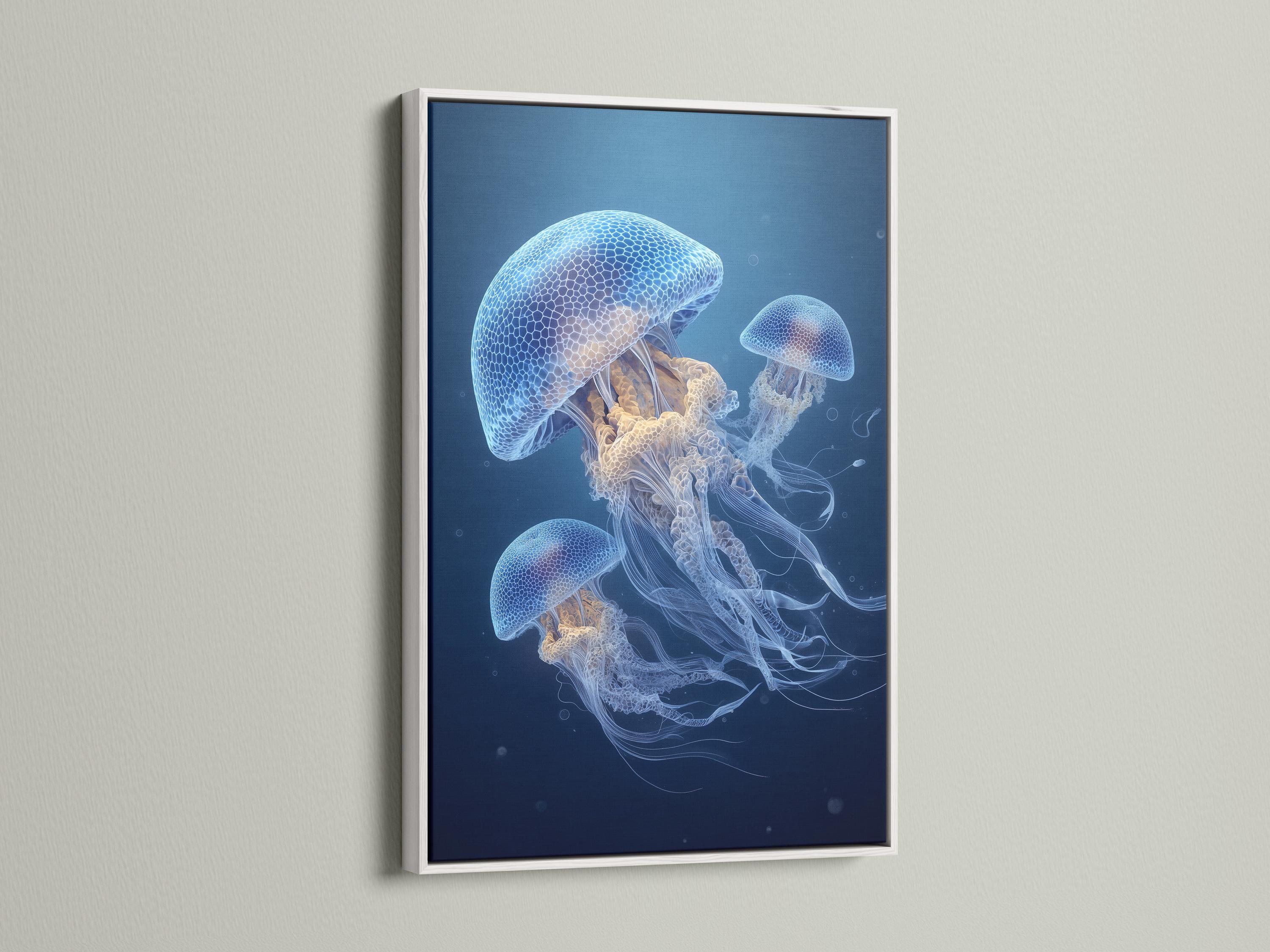 Framed jellyfish underwater artwork on a wall mockup