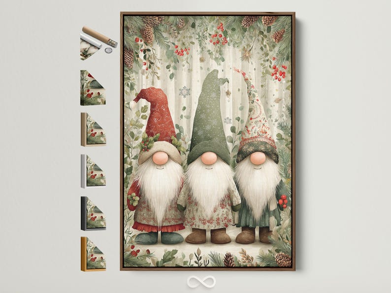 Three winter gnomes with long white beards standing in a festive evergreen scene