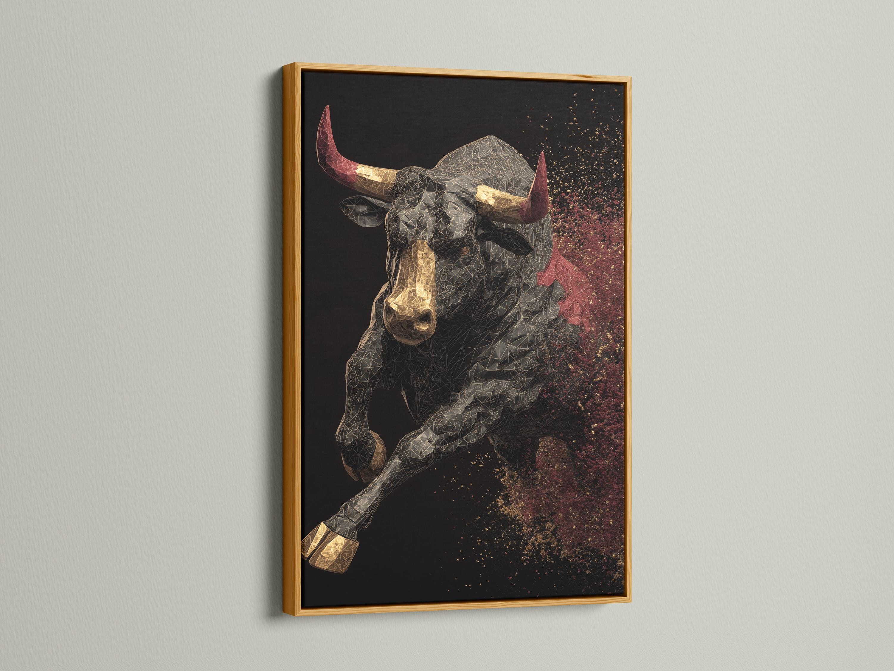 A geometric bull portrait in gold, black and grey sits against a dark background, with red horn accents and a sparkling speckled sky on the right