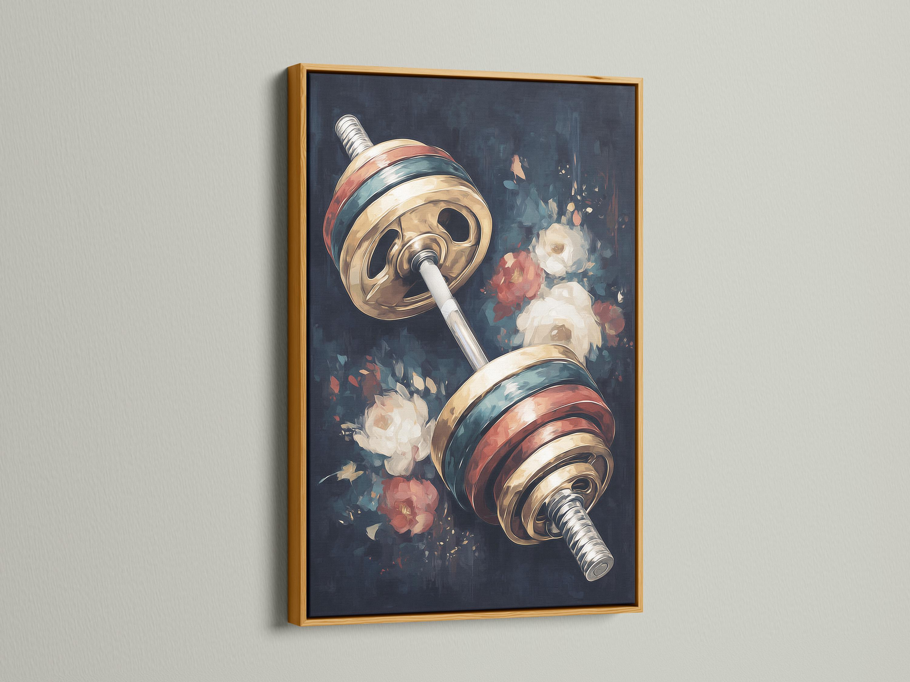 Diagonal barbell with metallic gold plates over dark floral background detail view