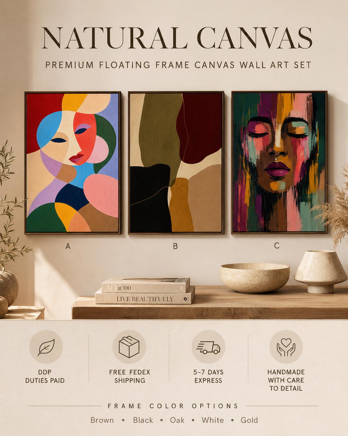 Room mockup with three abstract portrait artworks in multicolour tones above a bed and desk