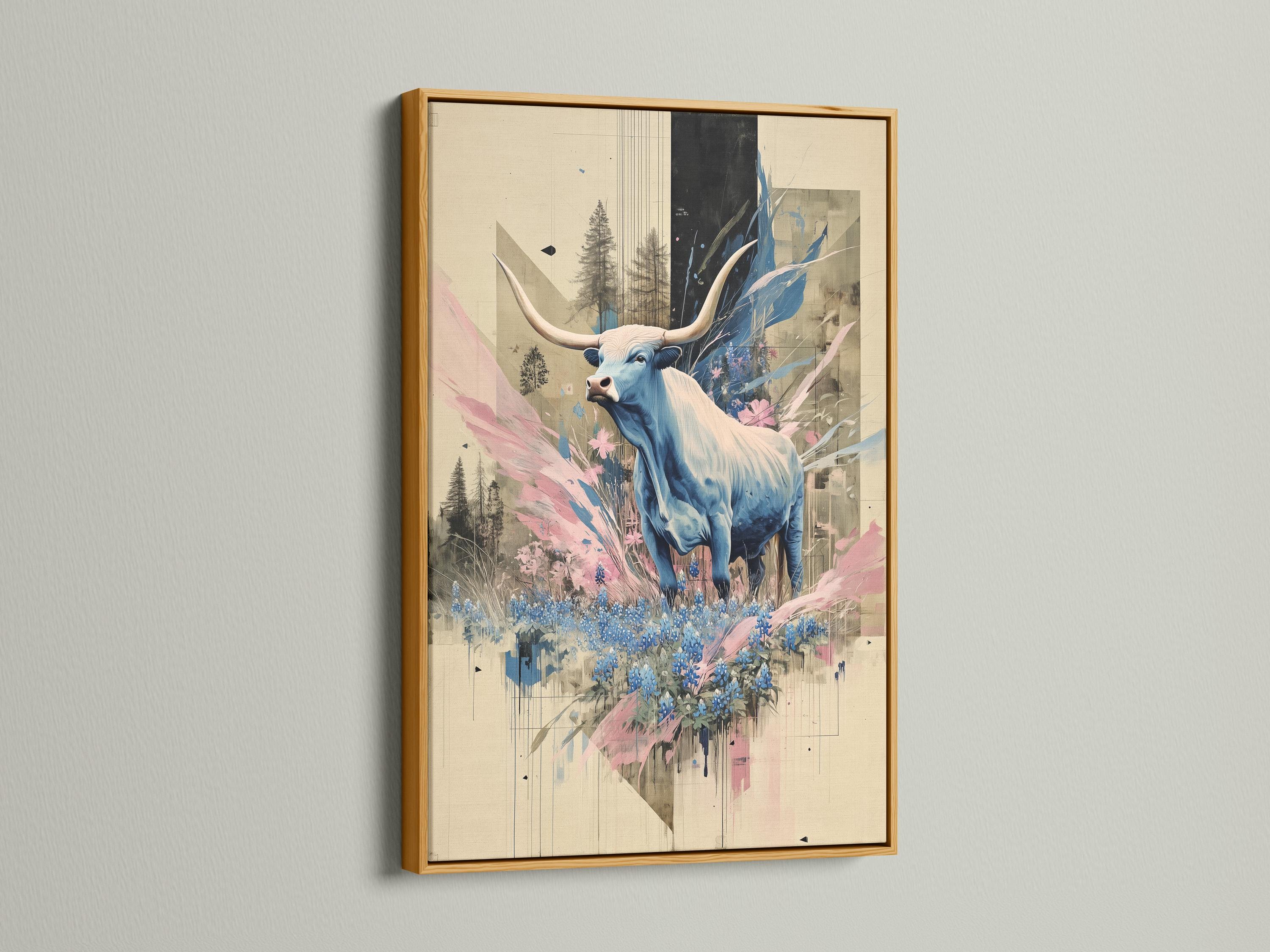 Stylised blue longhorn with horns and pink and blue flowers in a collage-like scene detail view