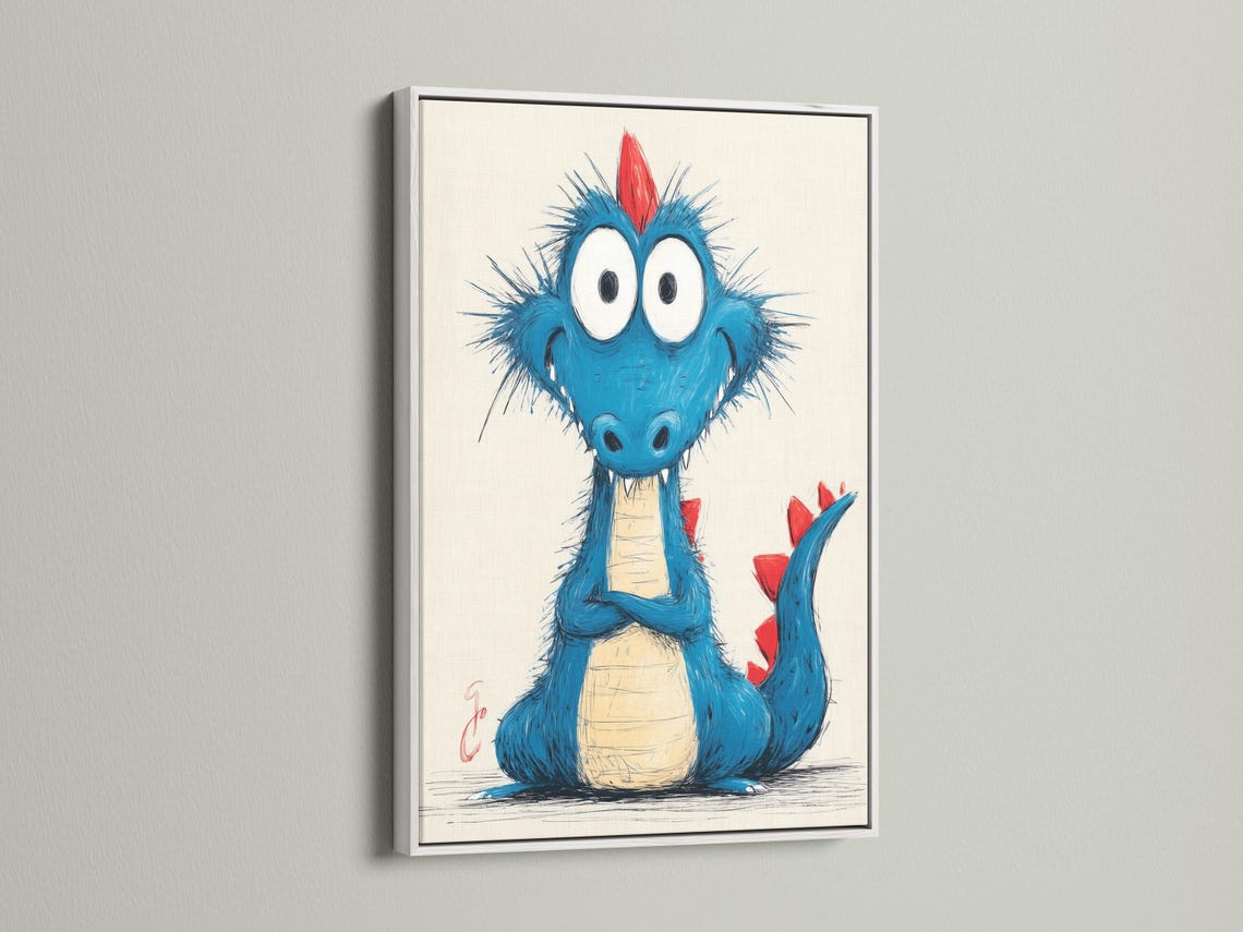 Room mockup showing a framed cartoon blue dragon artwork