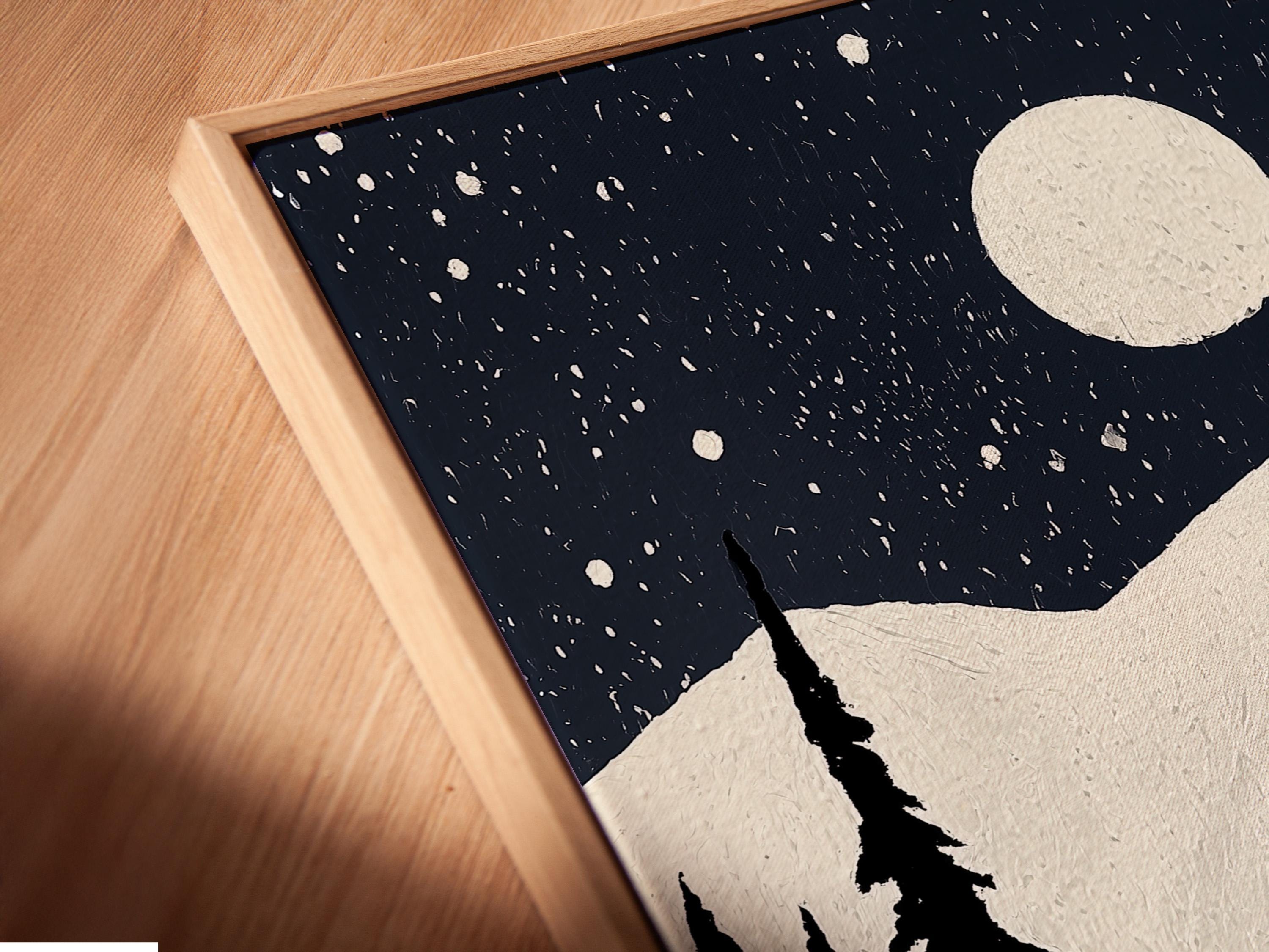 Moonlit snowy ski-lodge artwork mockup with dark pines, falling snow, chairlift cabins and a winding ski track