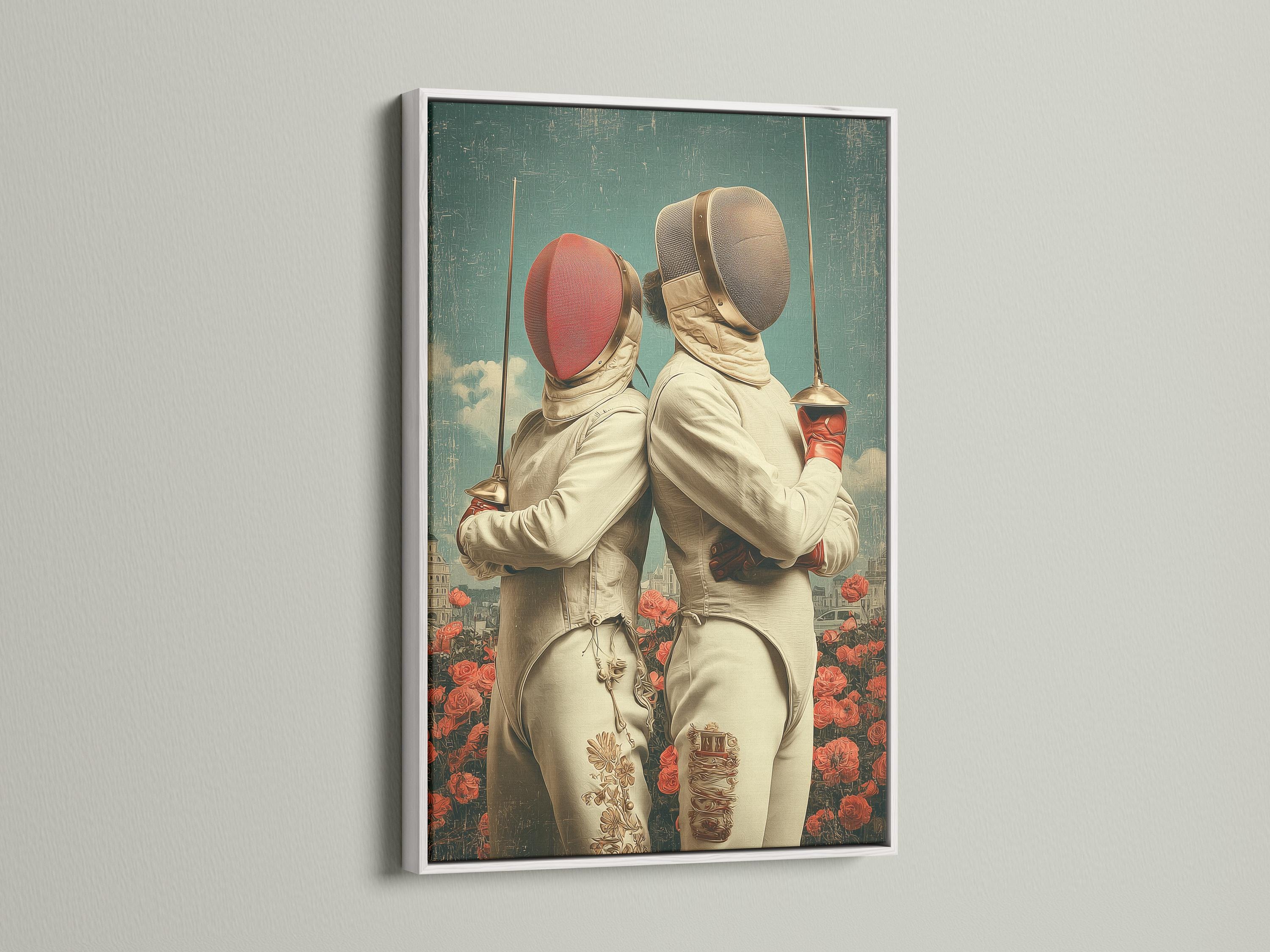 Two fencers in cream masks standing back-to-back with red roses and a hazy city skyline detail view