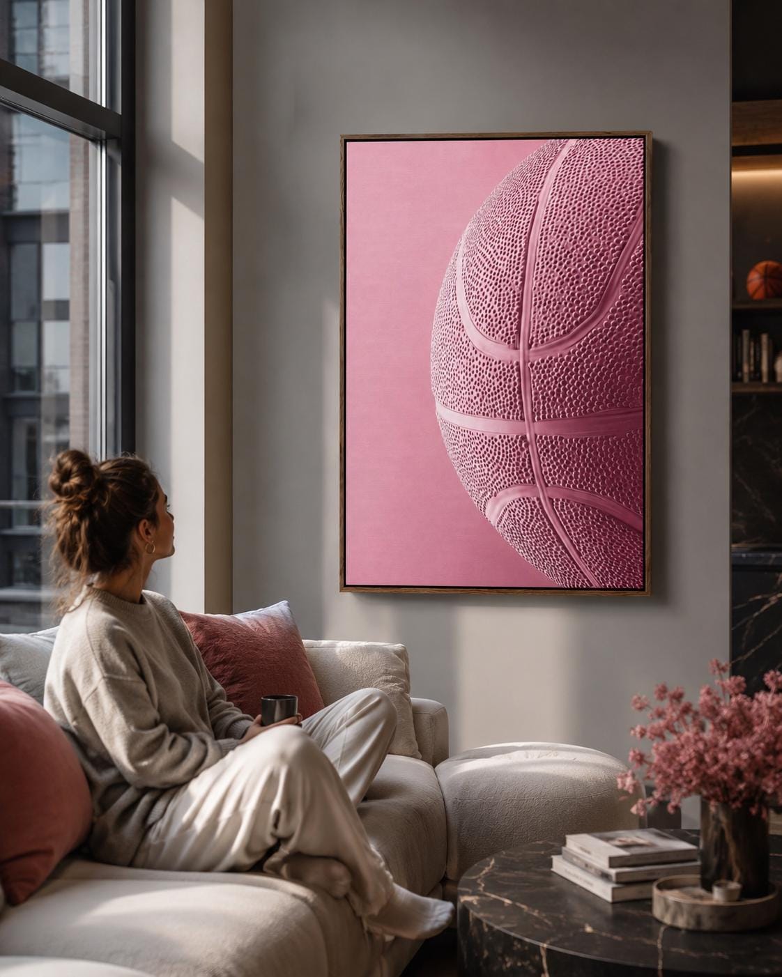Woman sitting on a sofa beside a framed bubblegum pink basketball artwork