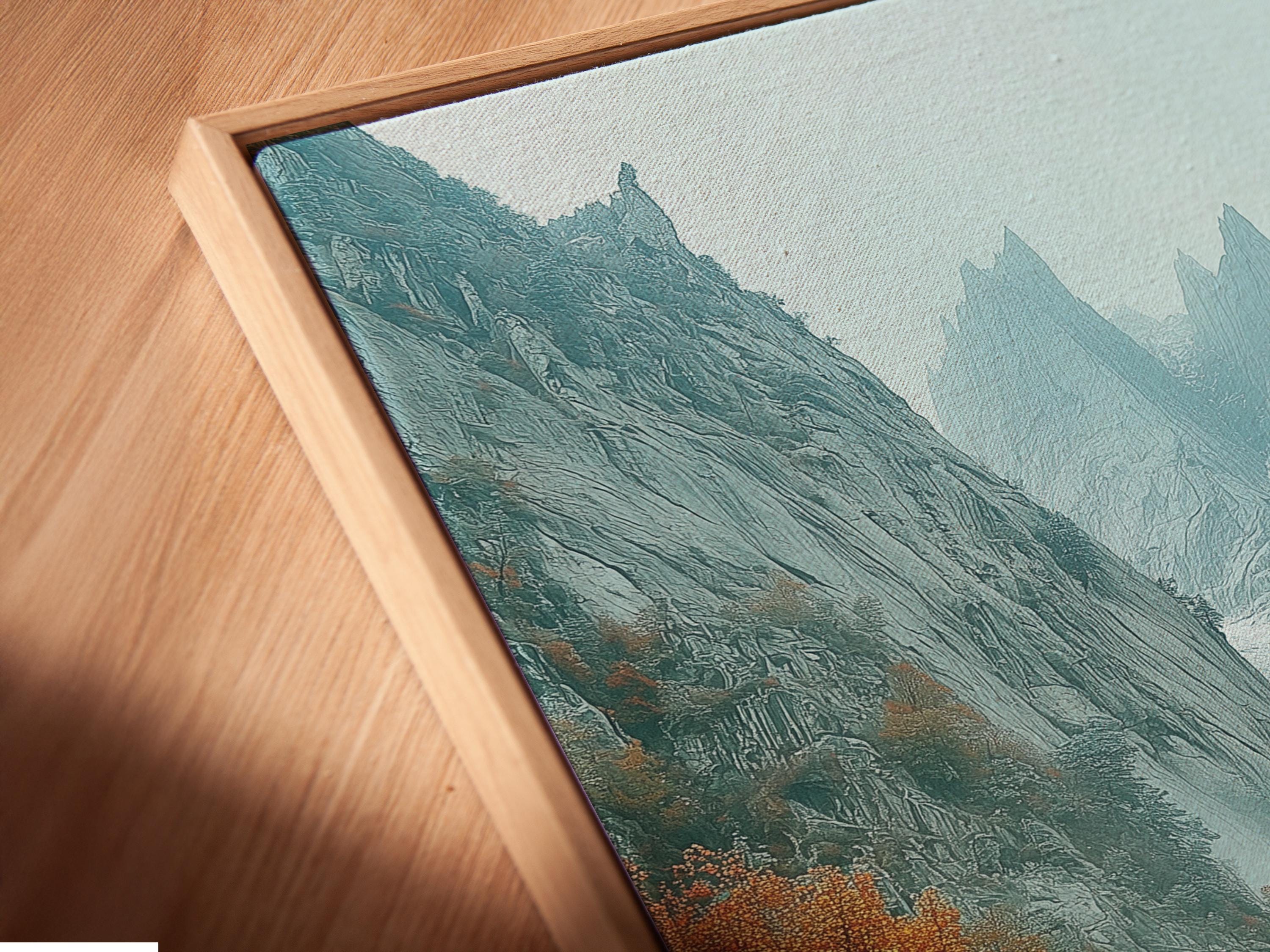 Misty mountain valley with rocky cliffs, autumn trees, and teal-grey peaks detail view
