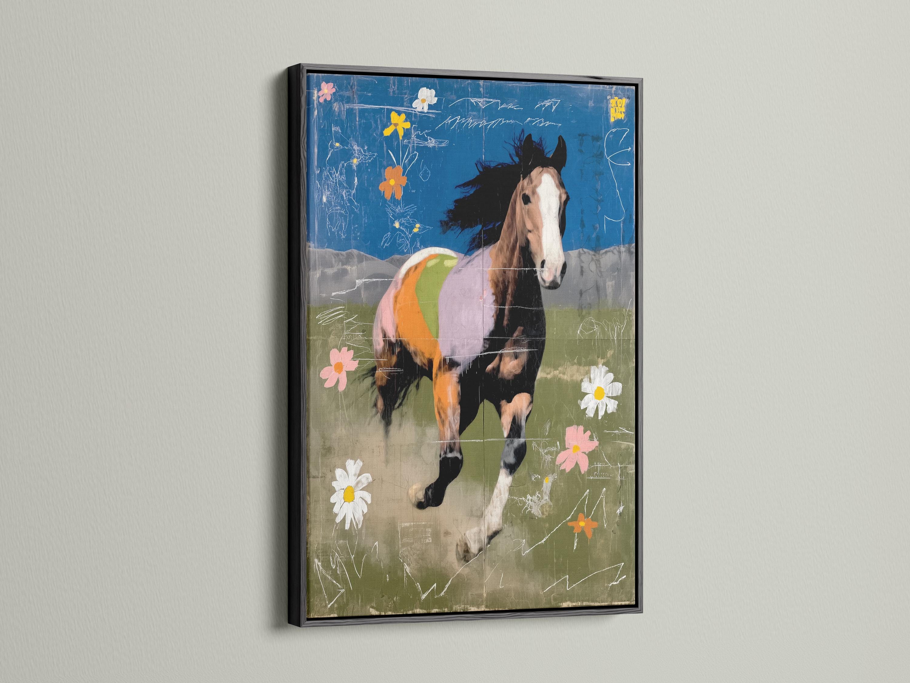 Running horse artwork with flowers and white scribble linework on blue and green background detail view