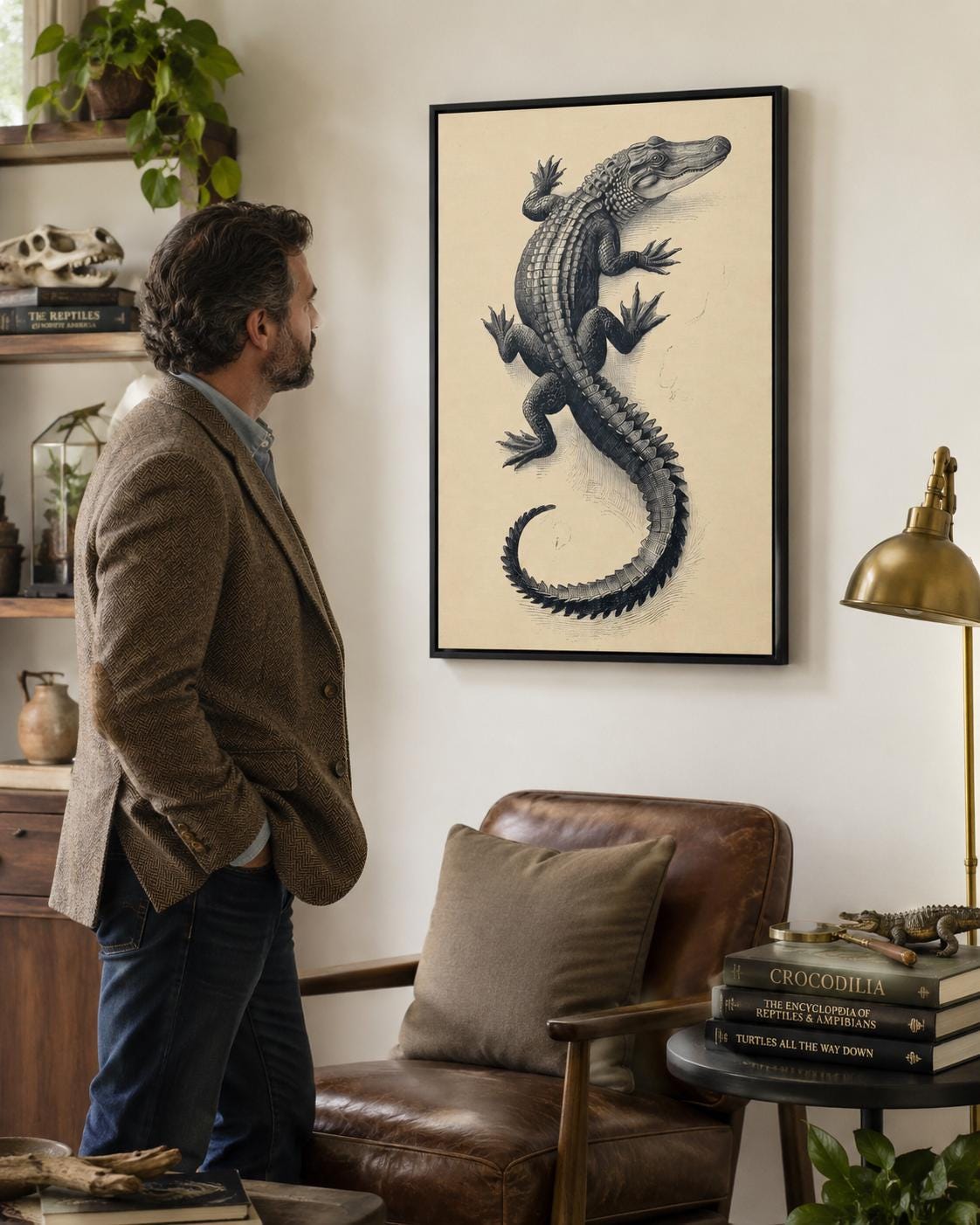 Room mockup showing framed alligator illustration above a wooden desk