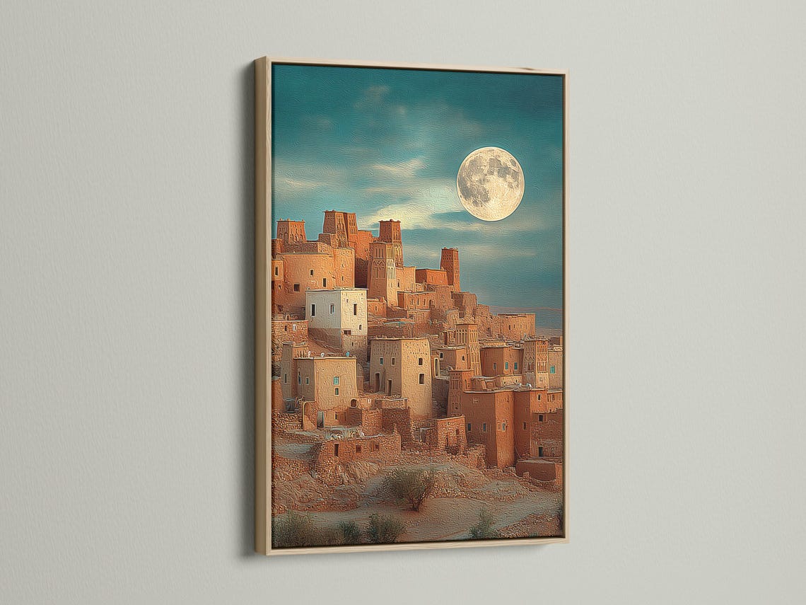 Moonlit desert village with warm buildings and a glowing full moon in a textured teal sky detail view