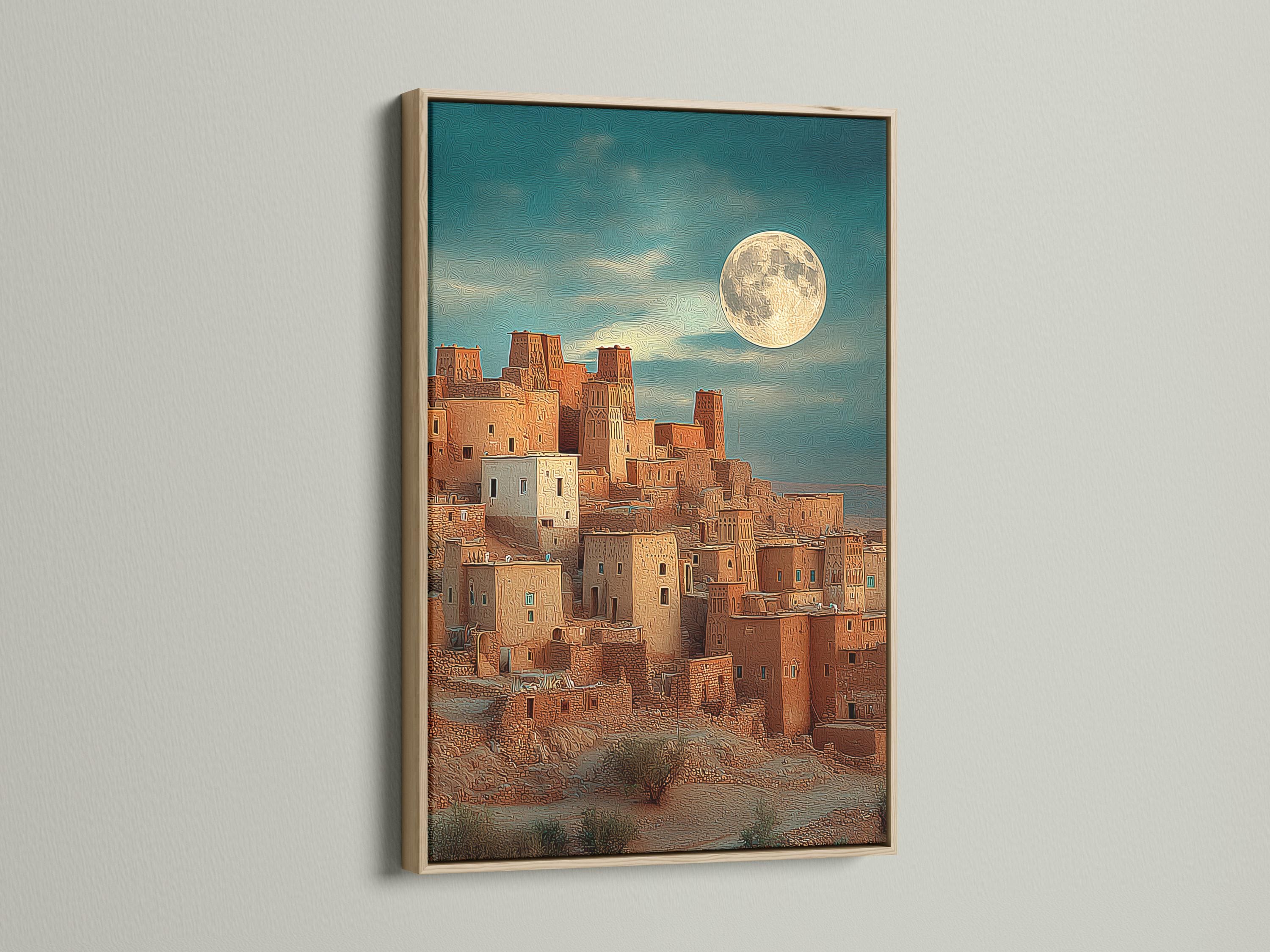 Moonlit desert village with warm buildings and a glowing full moon in a textured teal sky detail view