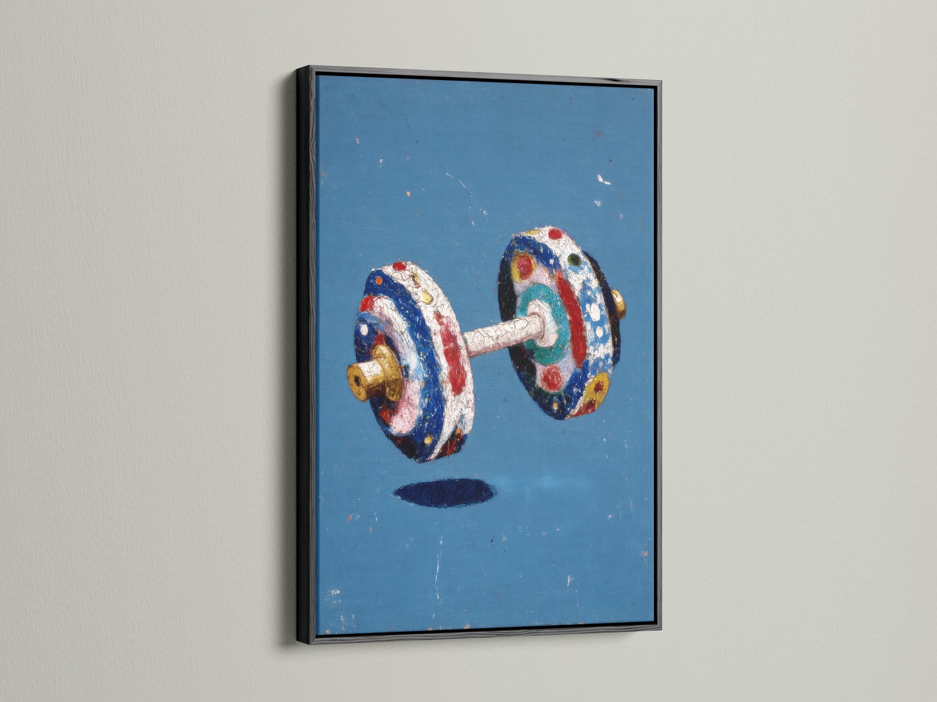 Stylised dumbbell weights illustration on a distressed blue background with red, white and gold accents detail view