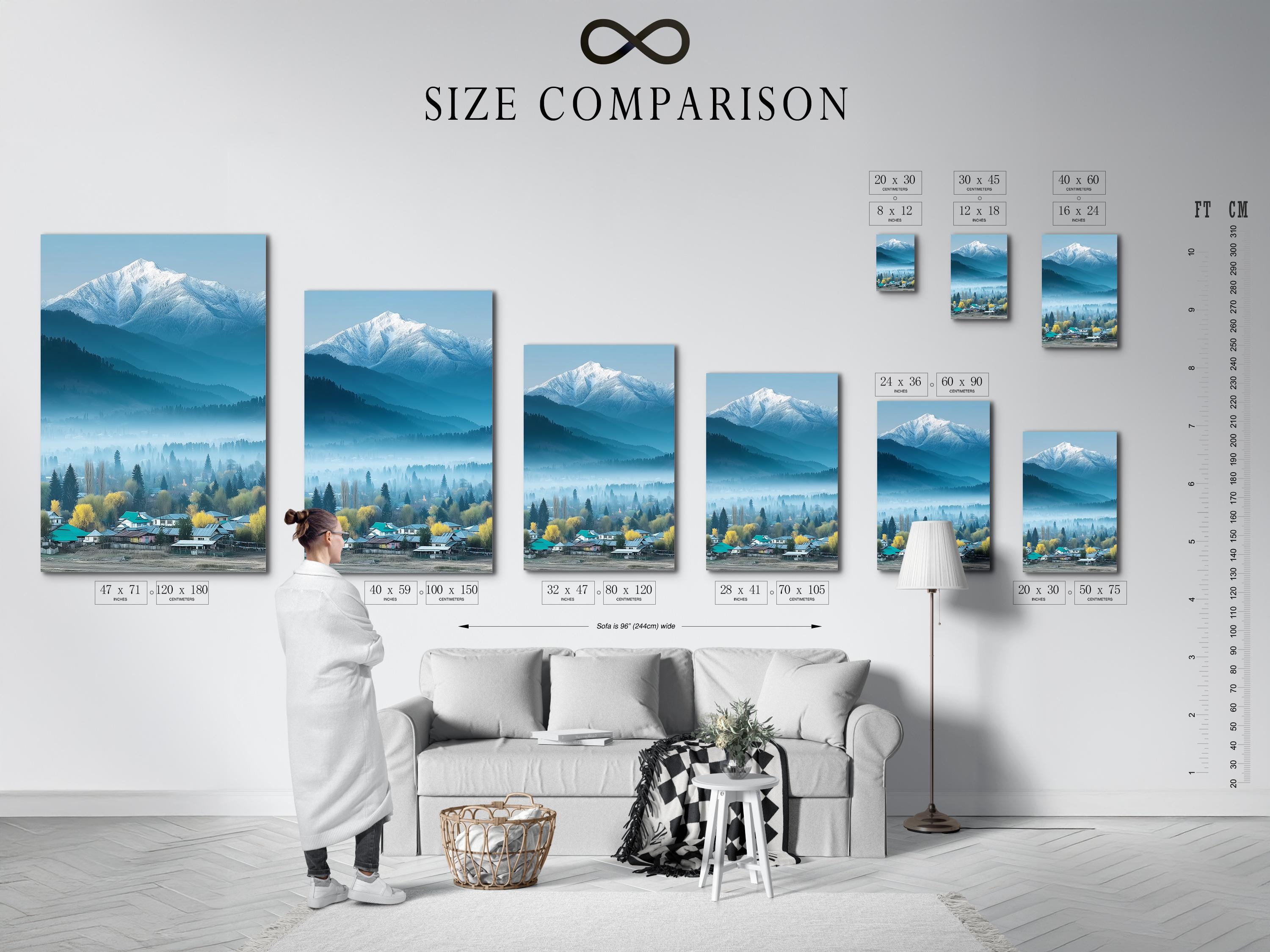 Misty snowy mountain landscape with evergreen trees and a village in teal and blue tones detail view