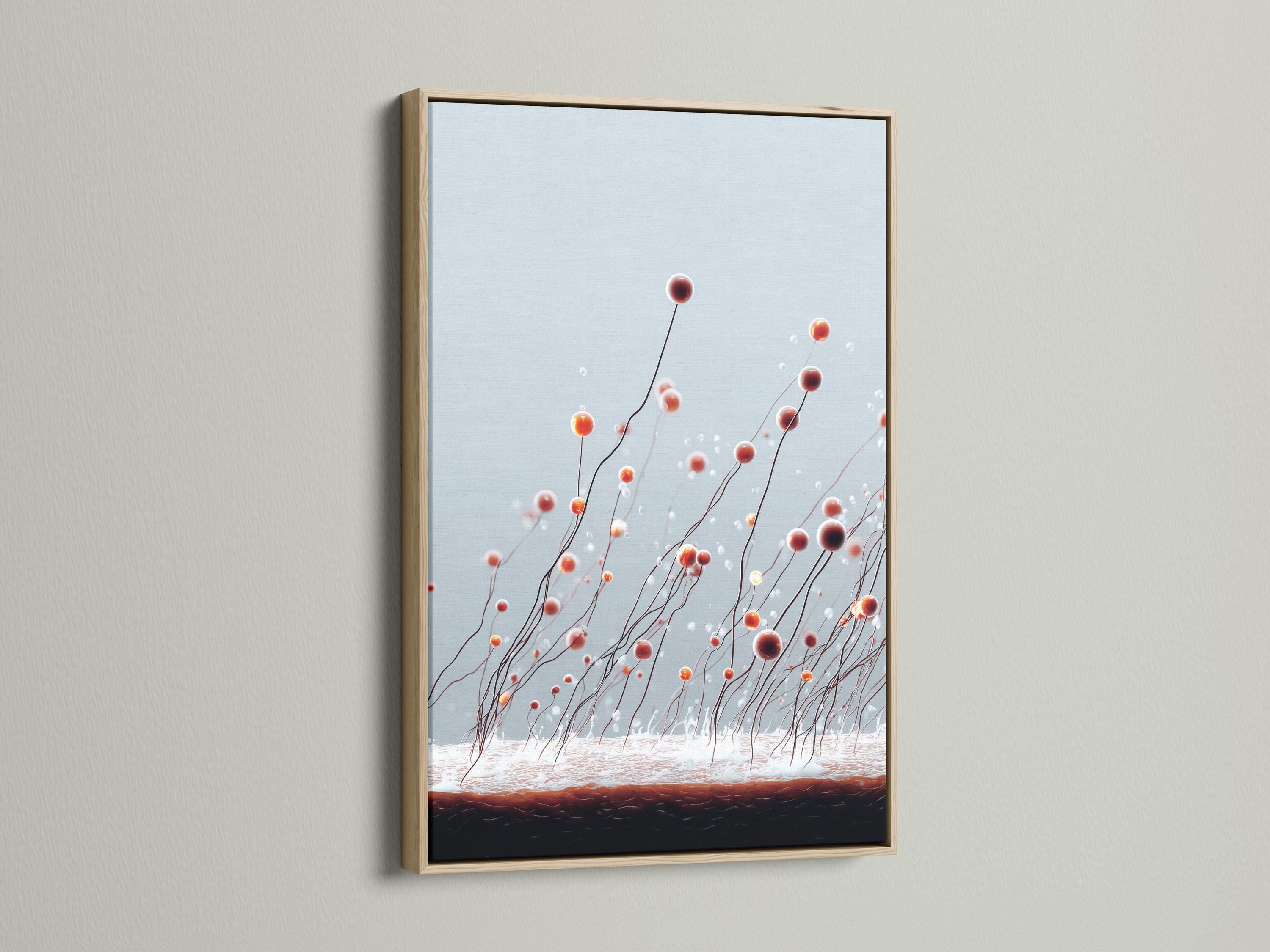 Abstract botanical artwork with curved stems and floating rust and orange bud-like spheres on a pale blue-grey background detail view