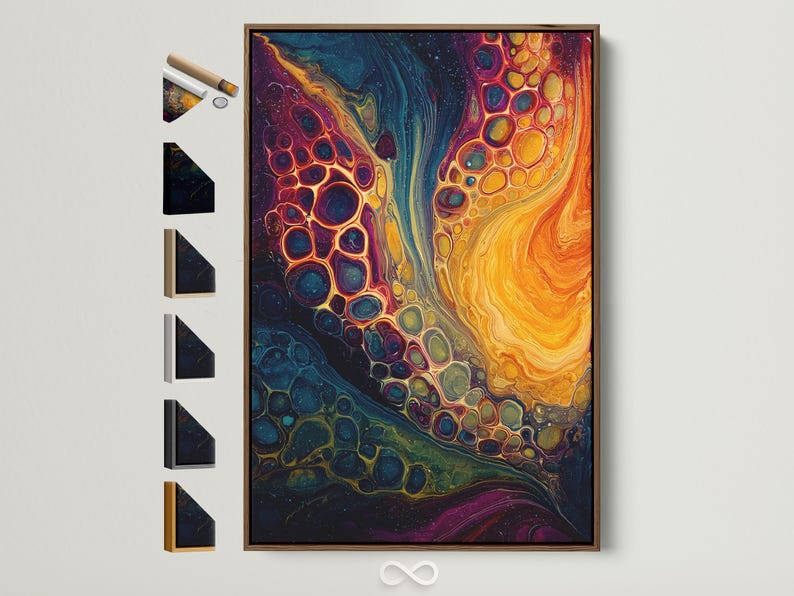 Vivid fluid abstract painting with teal and orange gold tones and bubble-like cells