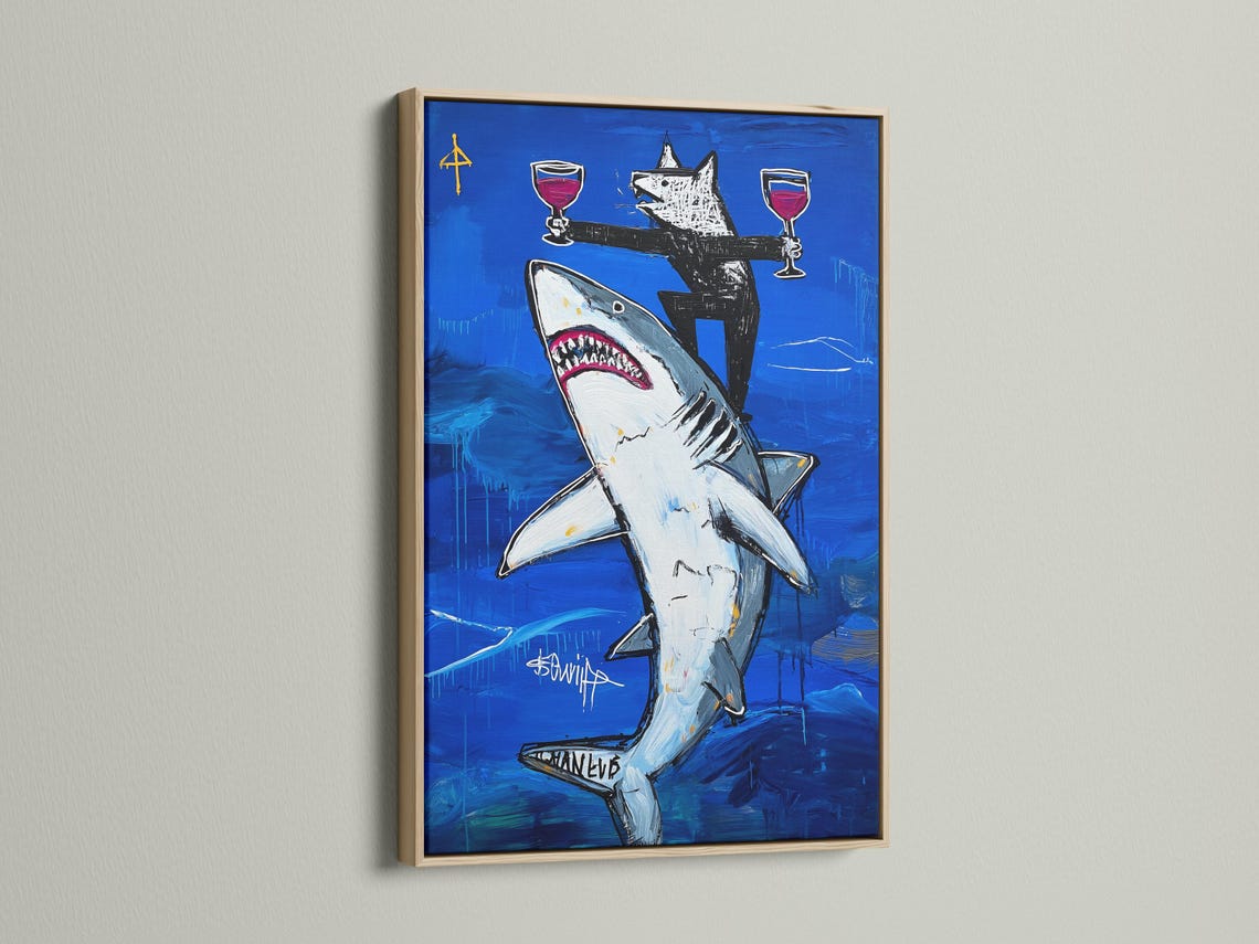 Stylised shark swimming in deep blue ocean with a wolf and trophy goblets detail view